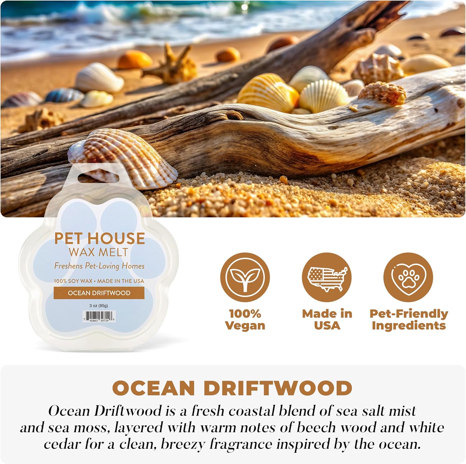 One Fur All Pet House Spring and Summer Wax Melts for Pet Odor, Natural, Plant Based Soy Wax Melts, Long Lasting Fragrance for Fresh Smelling Homes, Ocean Driftwood