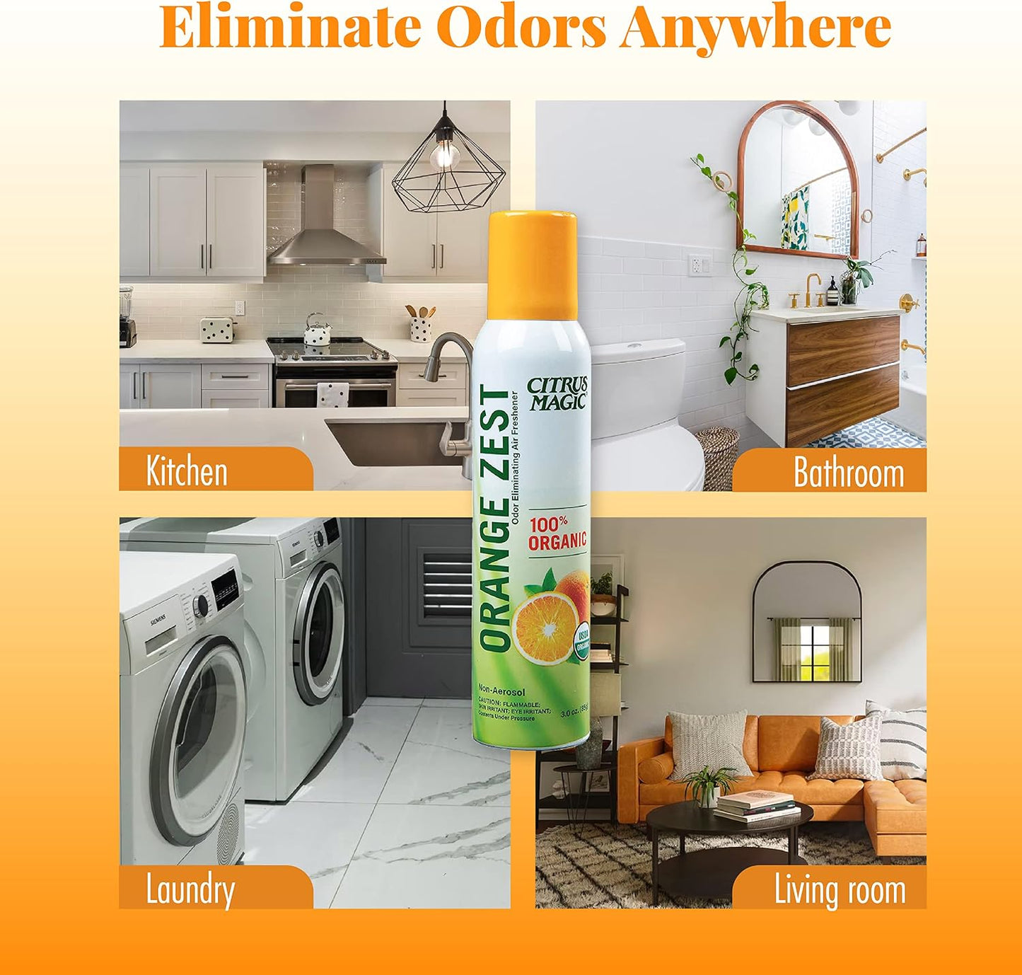 Citrus Magic Organic Natural Odor Eliminating Air Freshener Spray, Orange Zest, 3-Ounce, Pack of 3