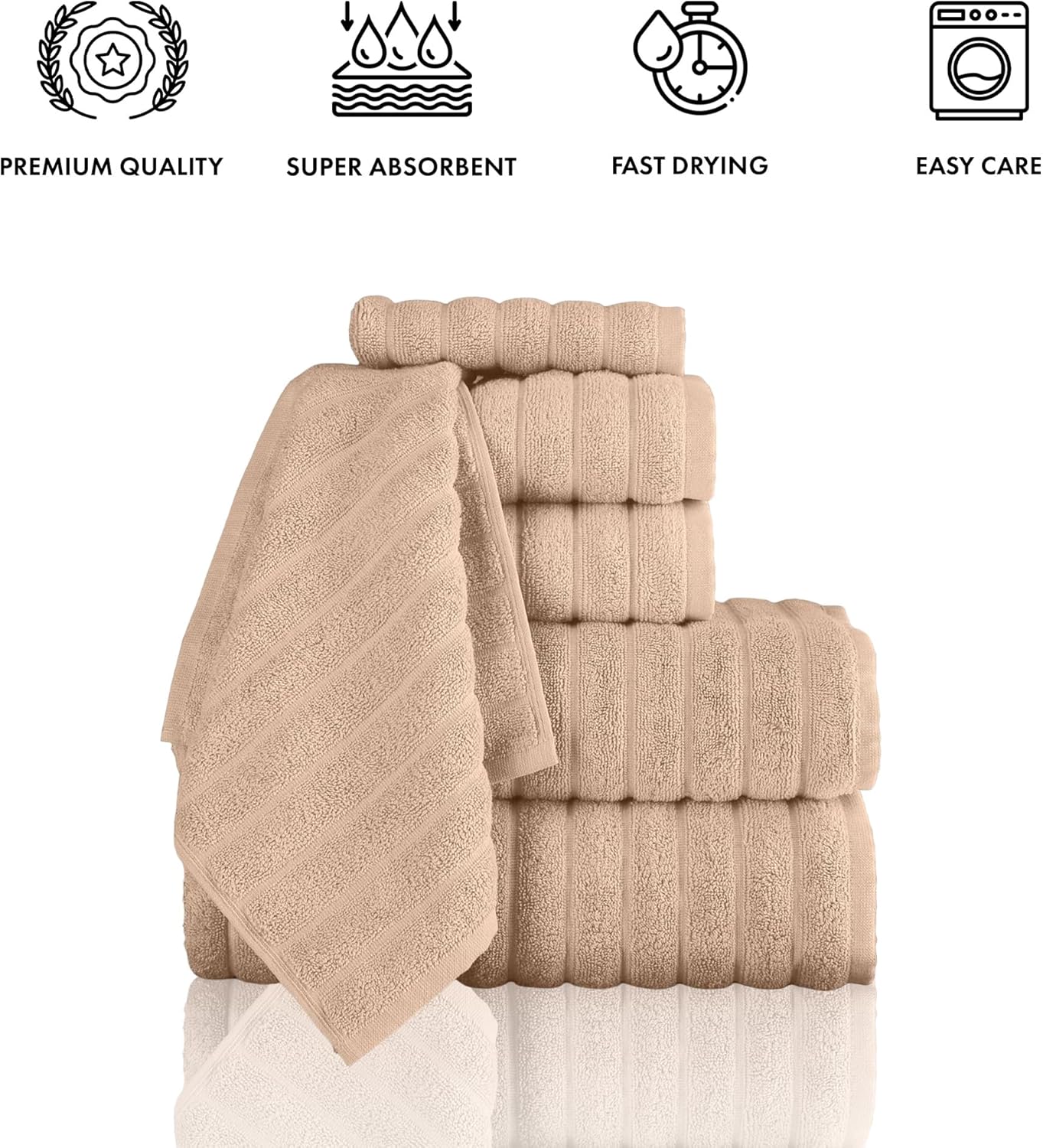 Classic Turkish Towels CTT Luxury 6 Piece Towel Set, 100% Turkish Cotton, Quick Drying, Highly Absorbent & Comfy, Includes 2 Bath Towels, 2 Hand Towels & 2 Washcloths | (Almond Beige)