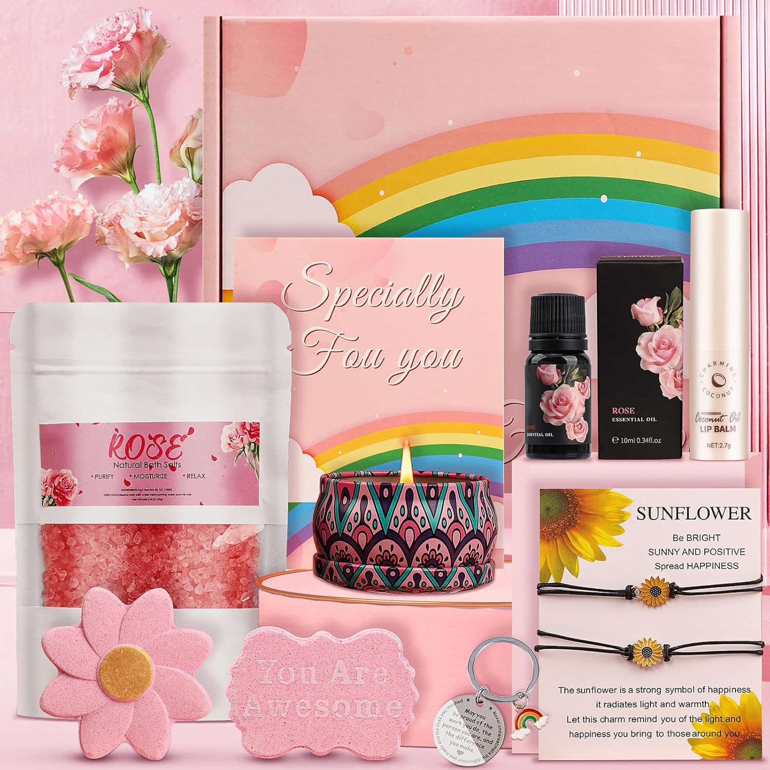 10-Piece Rose Pamper Gift Set for Women, "You Are Awesome" Self Care Kit, Relaxation Bath Spa Hamper, Get Well Soon Gifts (Rose-Special)