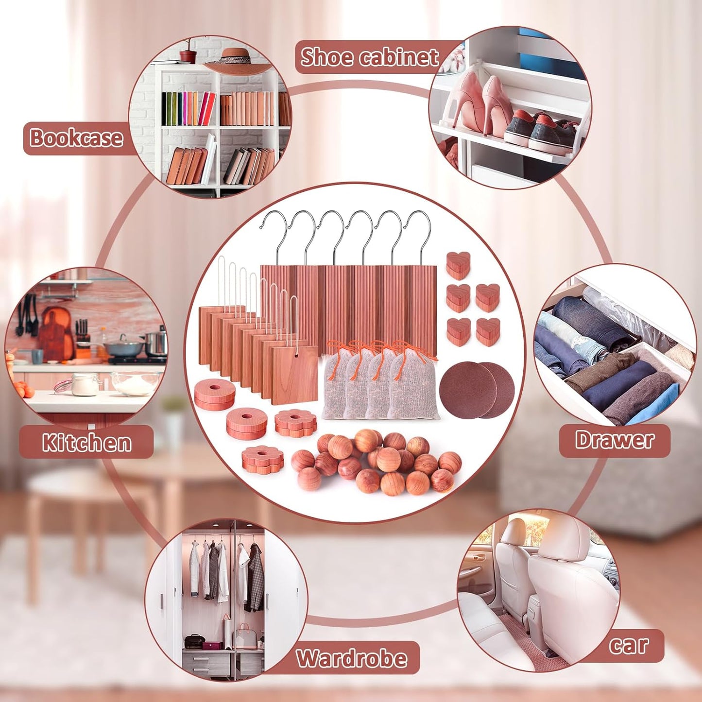 Woodever Cedar Blocks for Clothes Storage 56 Pcs, 100% Aromatic Planks with Metal Hooks, Cedar Wood Chips and Balls for Closets and Drawers, Fresh Scented Sachets