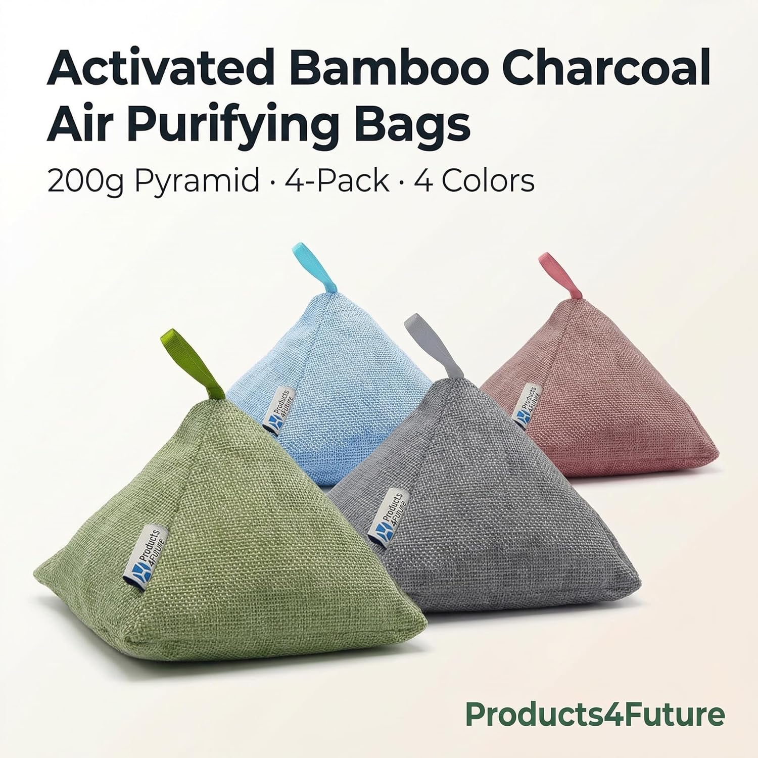 4 pack Naturally Activated Bamboo Charcoal Air Purifying Bags | Natural Home Deodorizer Bag | Charcoal Bag Odor Absorber For Pets | Odor Eliminator & Moisture Absorber Air Freshener Bag (200g Pyramid)