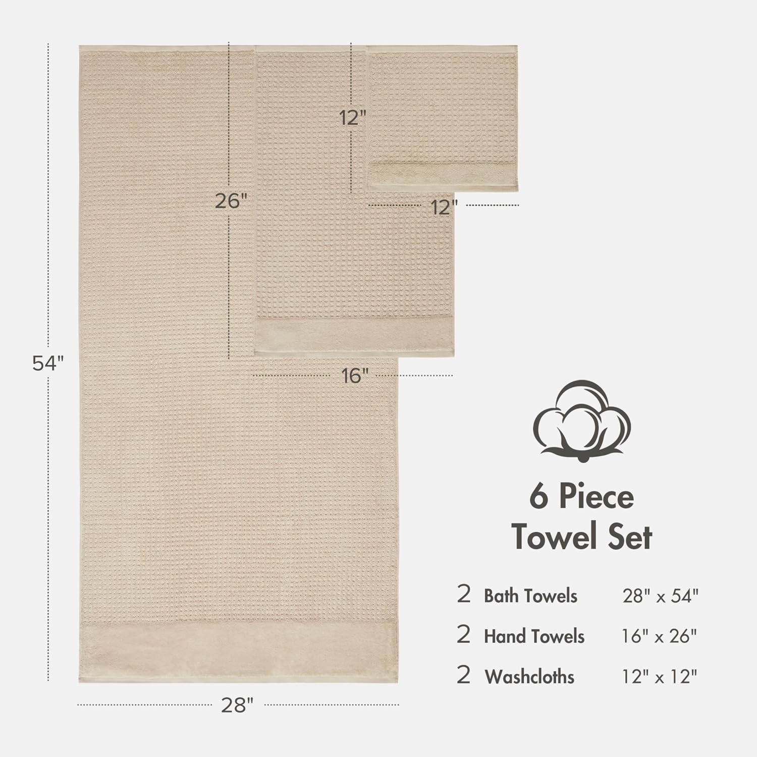 Madison Park Spa Waffle 100% Cotton Luxurious Towel Set, Premium Texture Waffle Weave, Highly Absorbent, Quick Dry, Hotel & Spa Quality Wash Clothes for Bathroom, Assorted Sizes, Natural 6 Piece