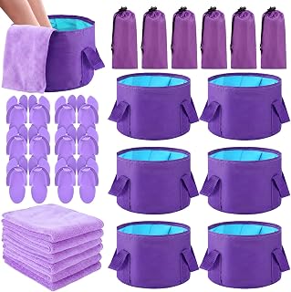 FillTouch 6 Sets Foldable Foot Bath Kit 15L Collapsible Foot Soaking Tub Bathroom Towels Women Adult Foldable Slippers with Storage Bag Spa Soak Pedicure Bath for Travel Camping (Purple)
