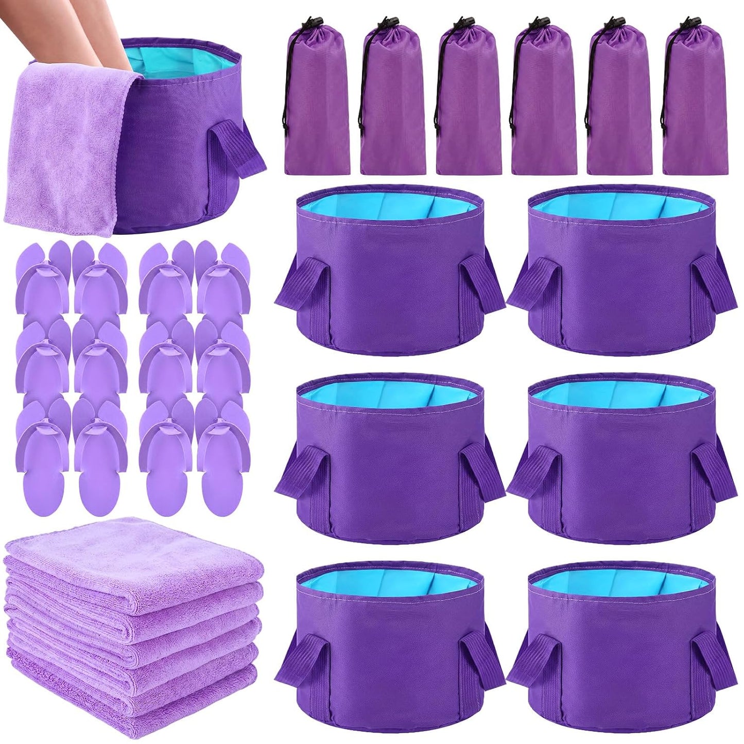 FillTouch 6 Sets Foldable Foot Bath Kit 15L Collapsible Foot Soaking Tub Bathroom Towels Women Adult Foldable Slippers with Storage Bag Spa Soak Pedicure Bath for Travel Camping (Purple)