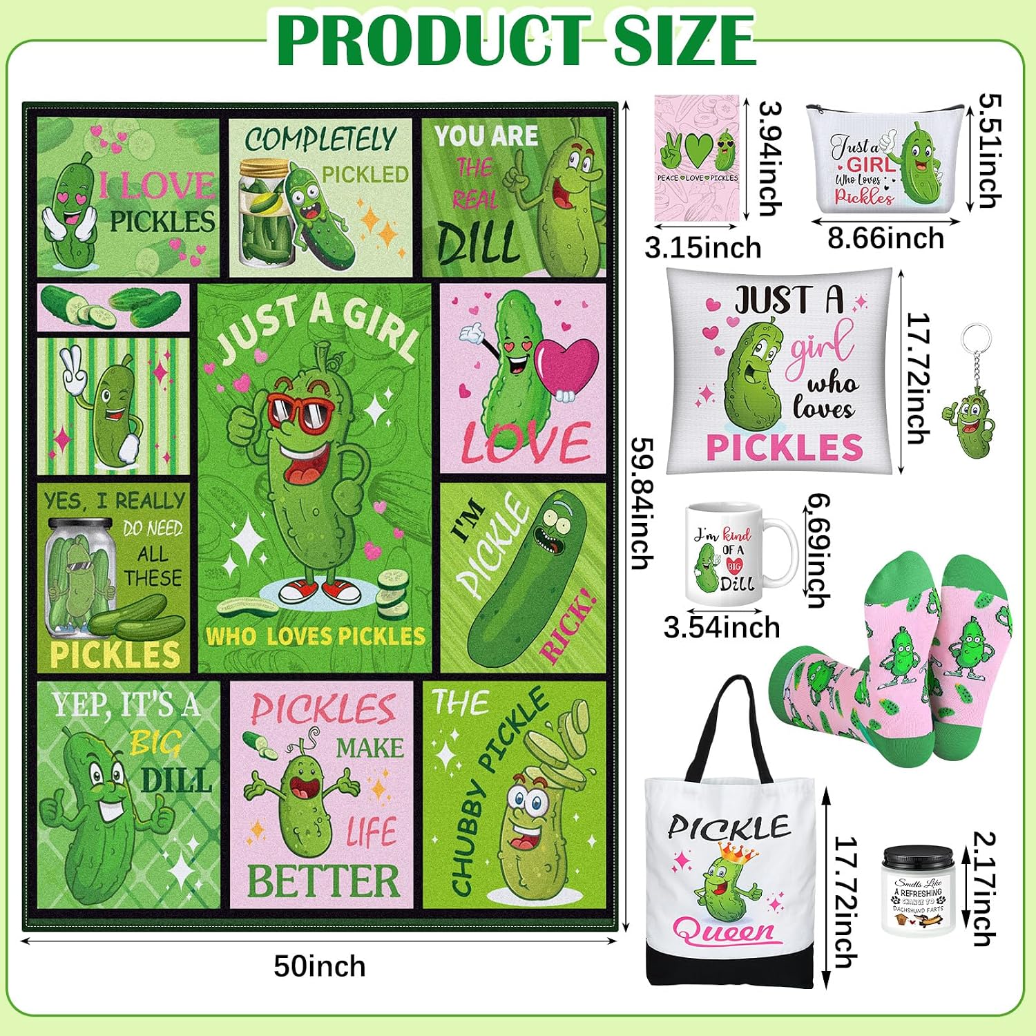 Buryeah 9 Pcs Funny Pickle Gifts for Pickle Lovers Gifts Set for Women Include 60 x 50'' Blanket Mug Makeup Bag Tote Bag Pillowcase Socks Keychain Candle Card for Employee
