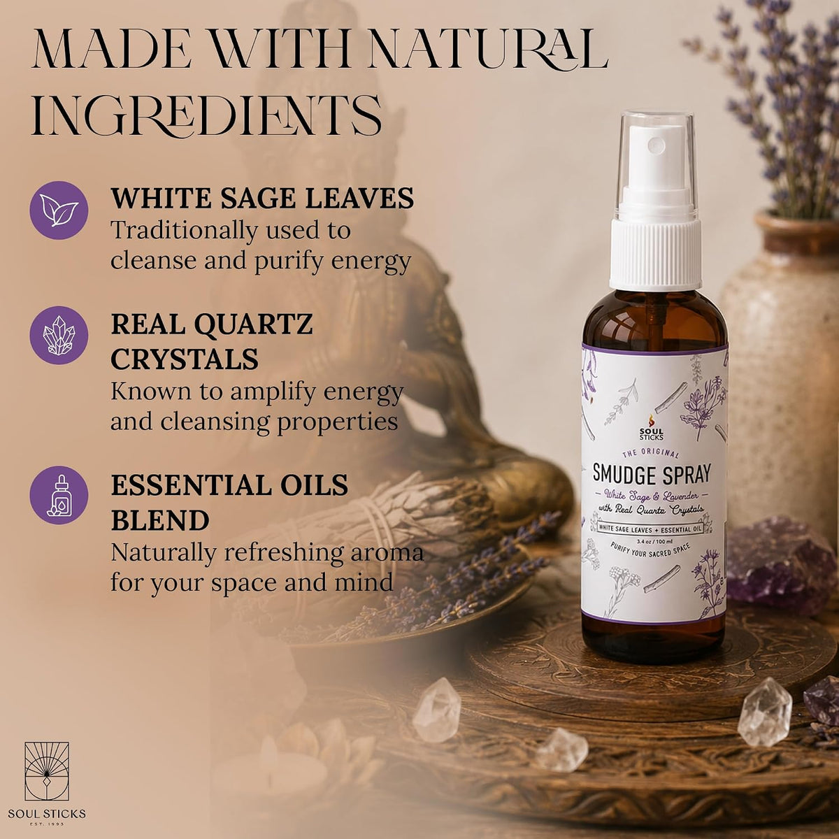 SOUL STICKS White Sage &amp; Lavender Smudge Spray – 3.5oz Smokeless Mist with Quartz Crystals – Calming Essential Oil Spray for Sleep, Stress Relief, Meditation, and Energy Cleansing