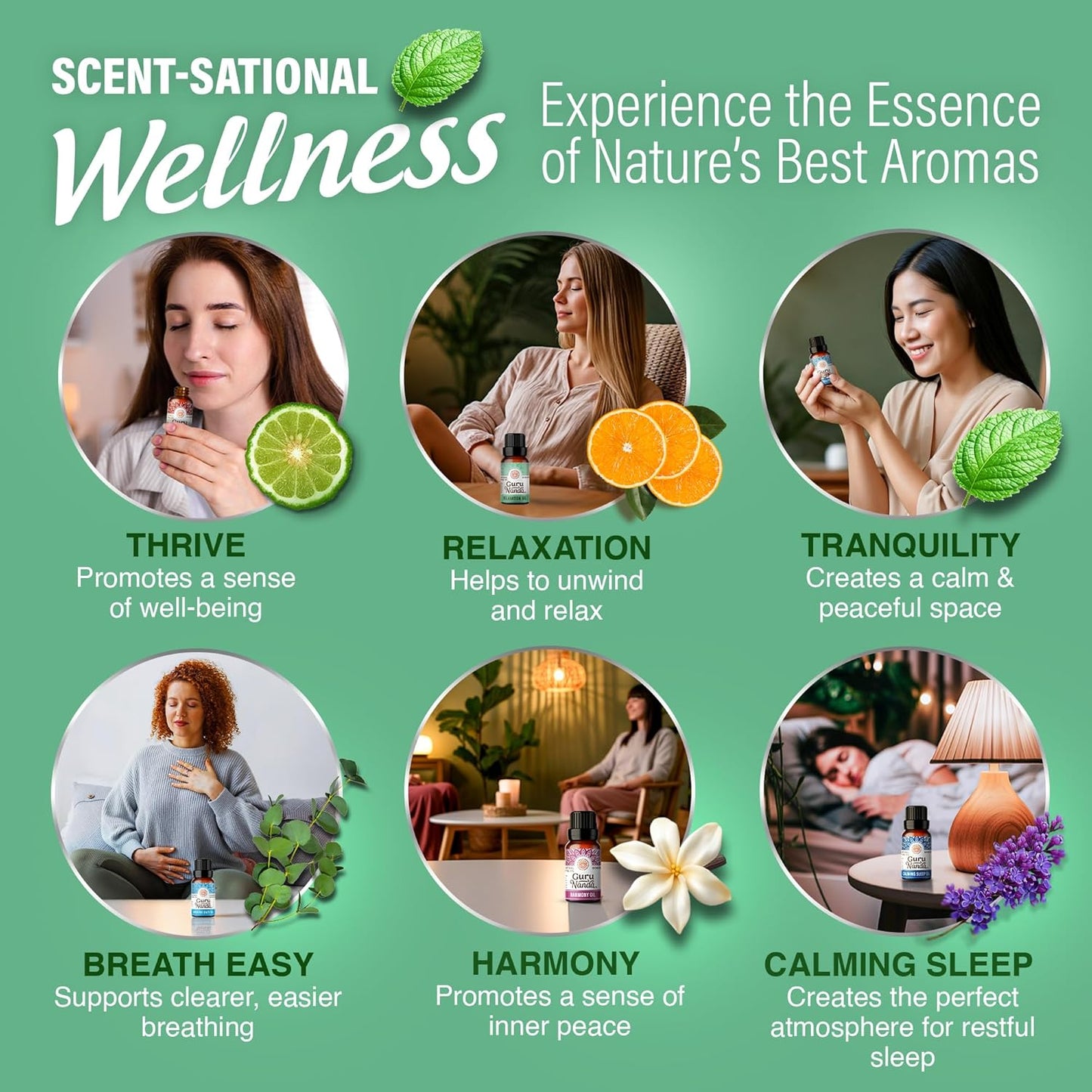 GuruNanda Essential Oil Blends – 6 Pack (10mL Each), Breathe Easy, Tranquility, Relaxation, Harmony, Calming Sleep & Thrive, Natural Aromatherapy Oils for Diffuser, Wellness & DIY