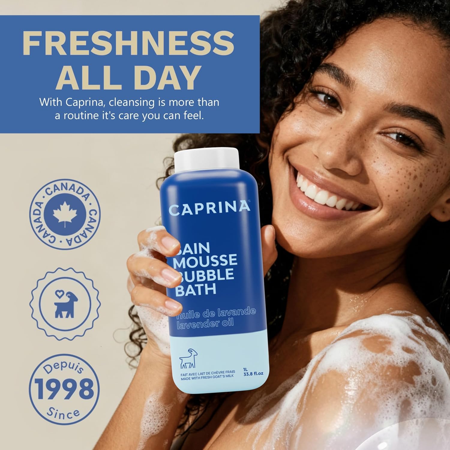 Caprina Fresh Goat’s Milk Bubble Bath, 1L, Hydrating Relaxing Foam Bath, Moisturizing and Gentle on Skin, Made in Canada (Lavender Oil)