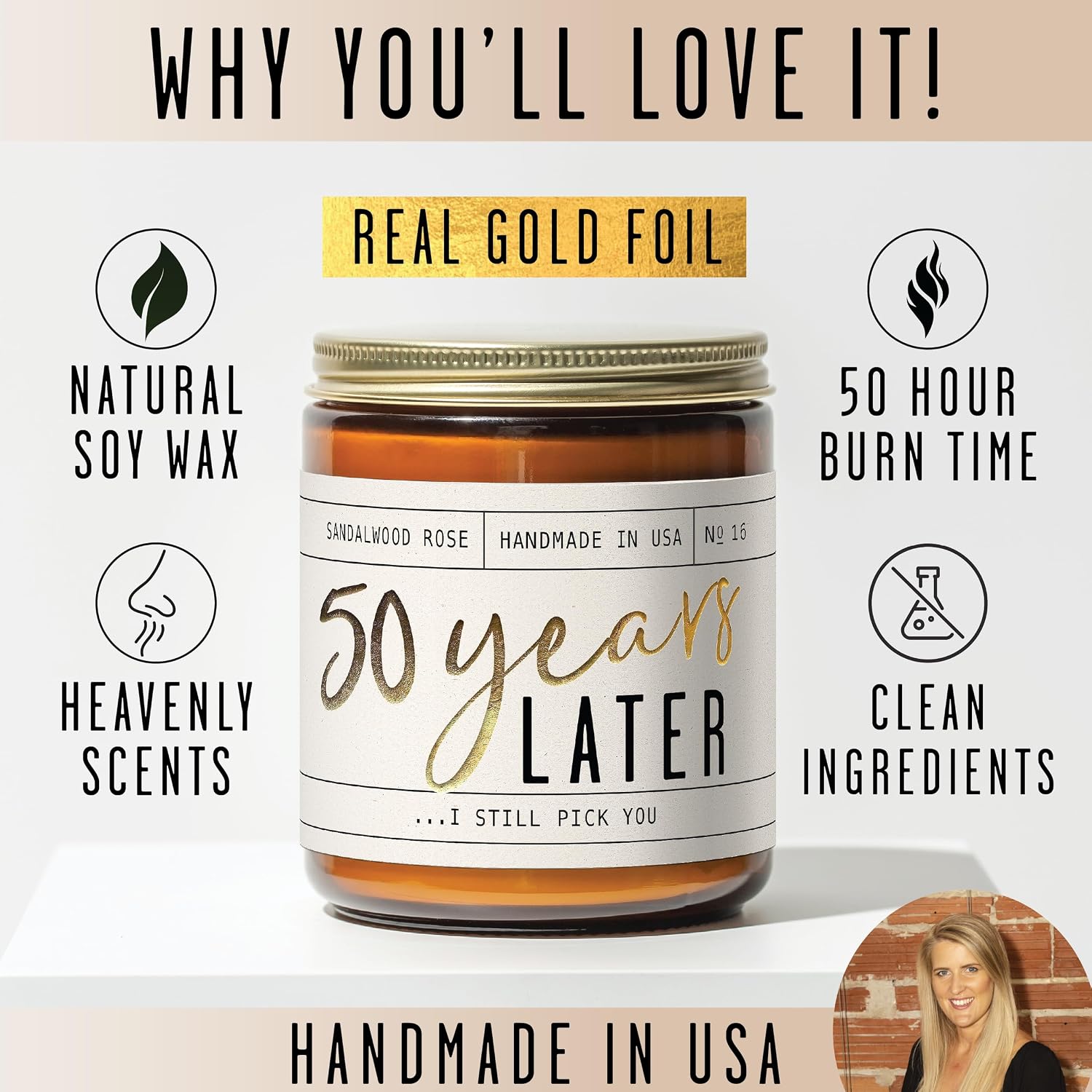 50th Wedding Anniversary Gifts - '50 Year Later' Candle, w/Sandalwood Rose - infused w/Essential Oils I 50th Anniversary Gifts for Wife I 50 Year Anniversary Gifts I 50Hour Burn I USA Made