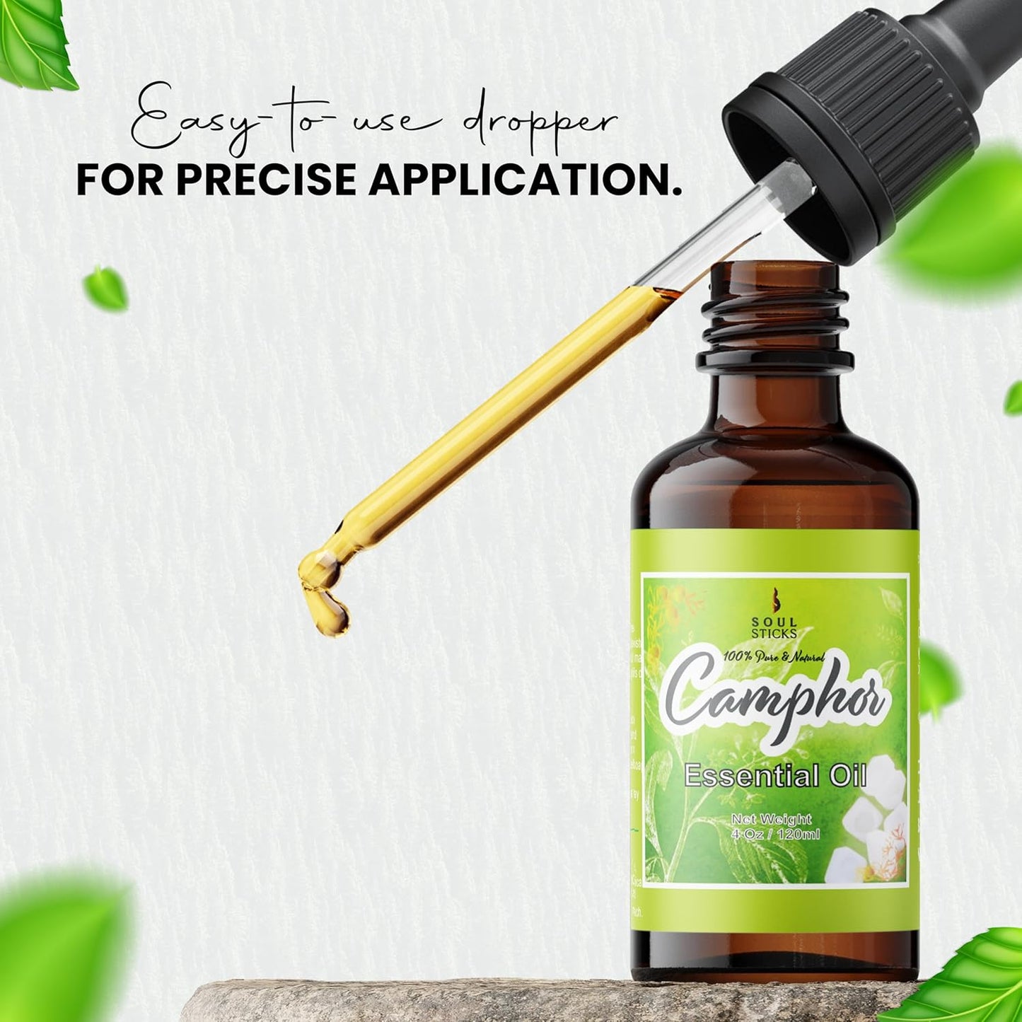 SOUL STICKS Natural Camphor Essential Oil 4 Fl Oz (120ml) 100% Natural Camphor Oil with Glass Dropper for Aromatherapy, Puja, Massage, Skin Care