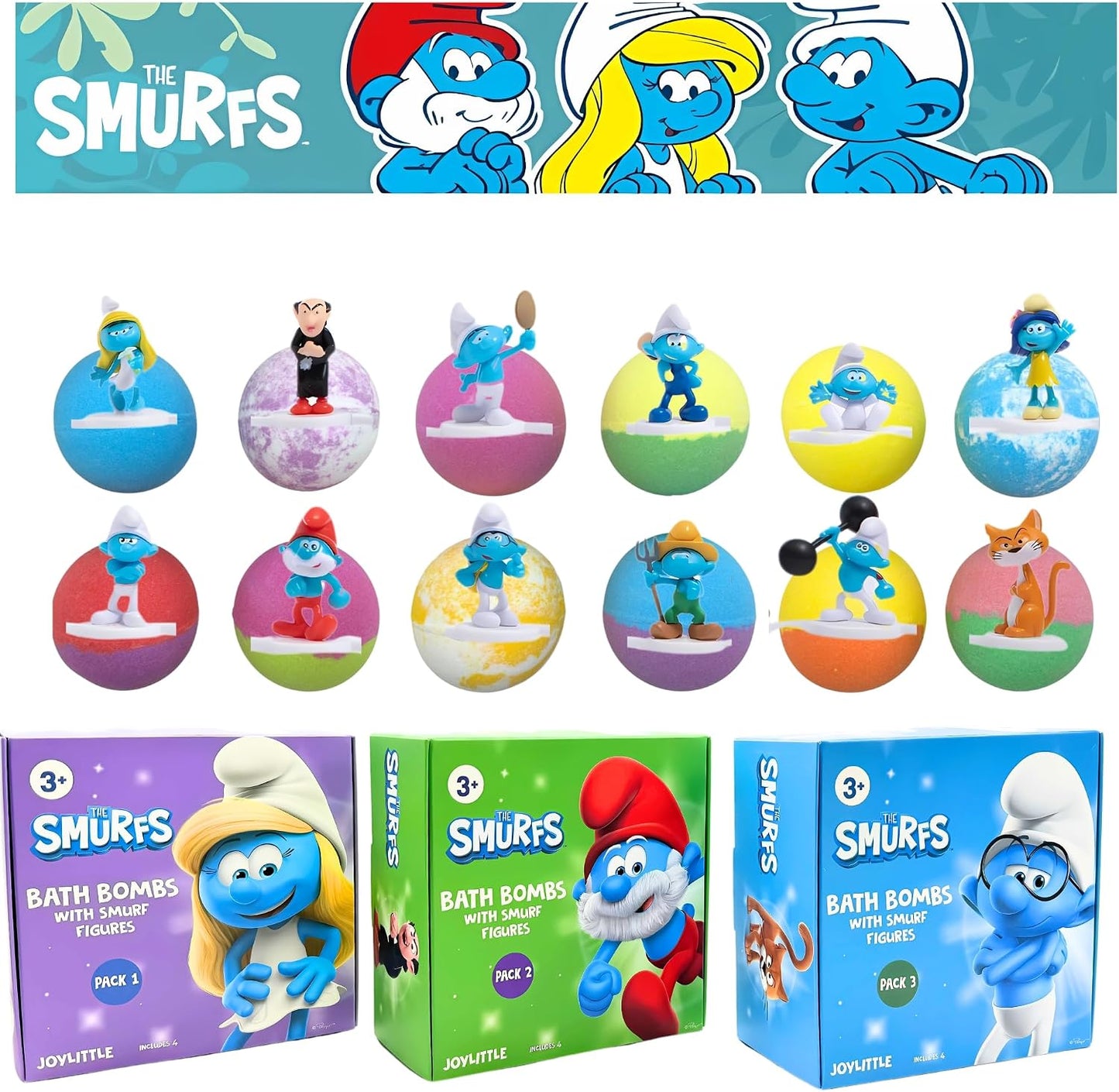 The Smurfs Bath Bombs with Action Figures-Brainy, Handy Smurf, Blossom, and Azrael (Pack 3)