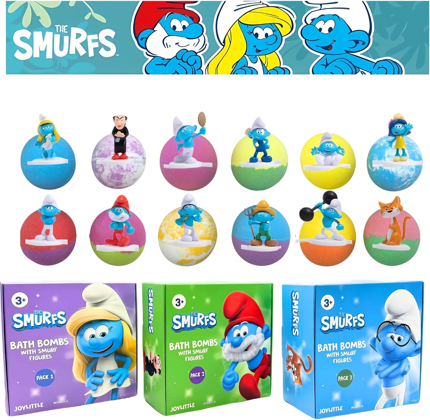 The Smurfs Bath Bombs with Action Figures-Brainy, Handy Smurf, Blossom, and Azrael (Pack 3)