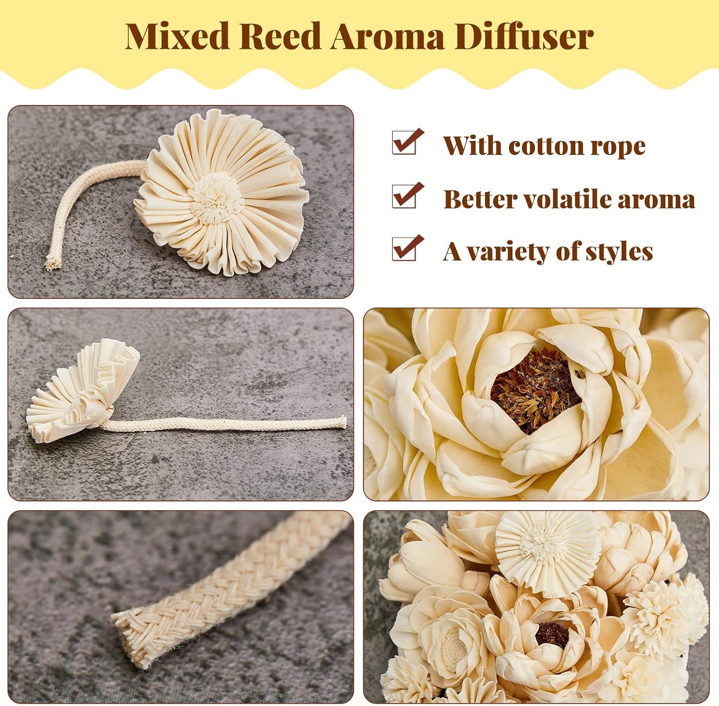 Waydress 15 Pcs Mixed Reed Diffuser Sticks Flowers, Wood Flower Diffuser Reeds Refill with Rope, Sola Reed Diffusers Set for Bathroom, Bedroom, Home Decor(1.57-3.35 Inches,Cute)