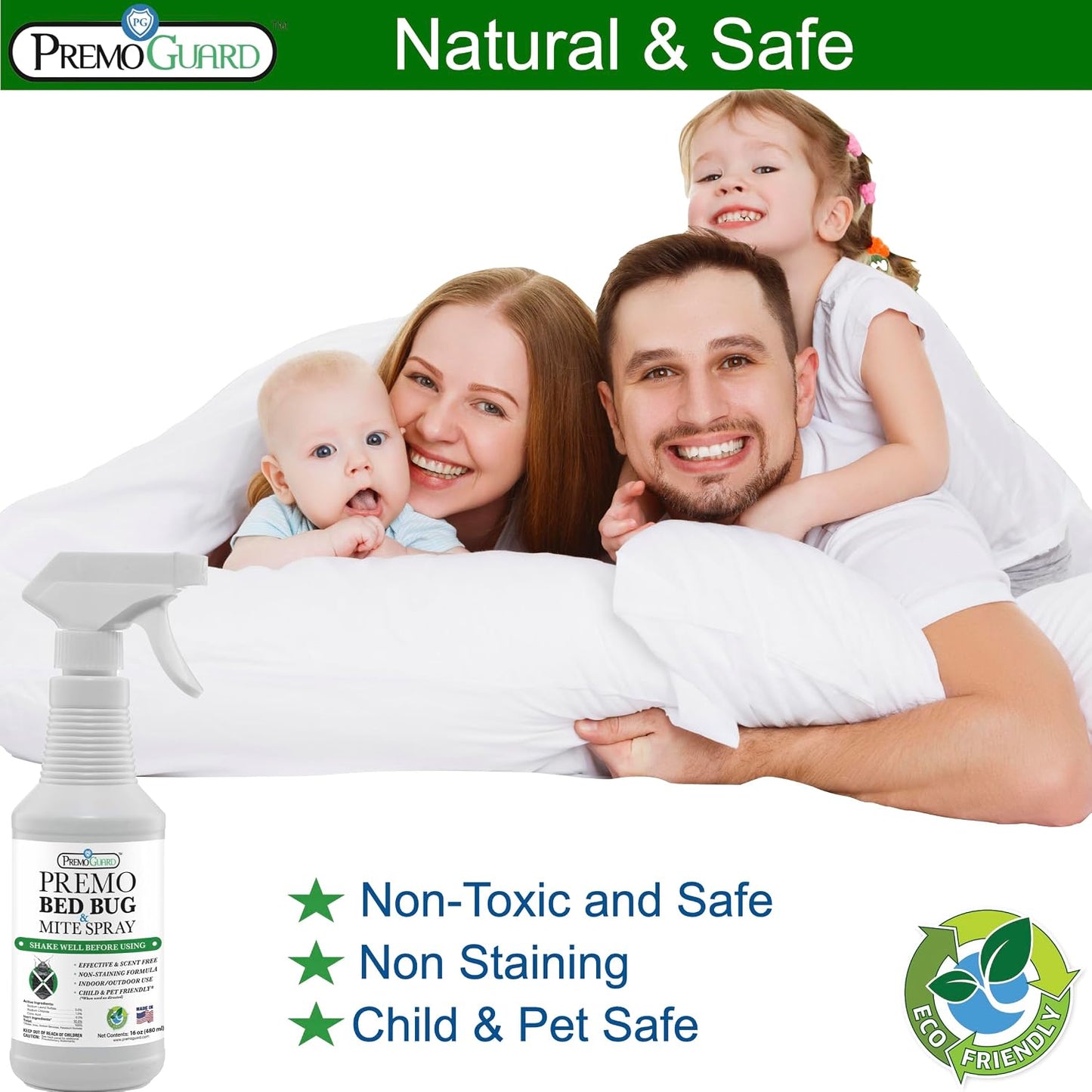 Premo Guard Bed Bug Killer Spray 16 oz - University Tested 100% Kill Rate - Natural Non Toxic, Stain & Scent Free - Kill Bedbugs & Mites On Bed & Blankets, Furniture, Clothing - Child & Pet Safe