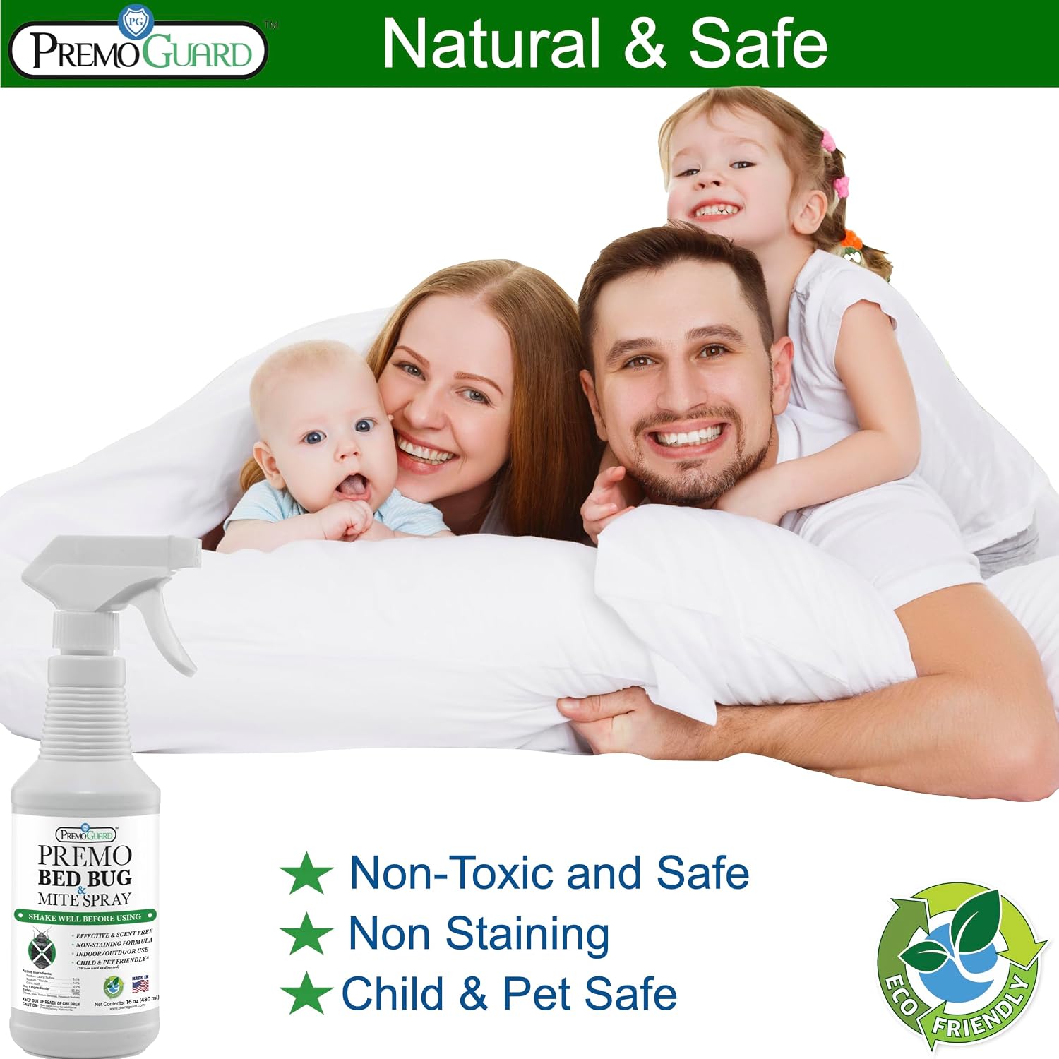 Premo Guard Bed Bug Killer Spray 16 oz - University Tested 100% Kill Rate - Natural Non Toxic, Stain & Scent Free - Kill Bedbugs & Mites On Bed & Blankets, Furniture, Clothing - Child & Pet Safe