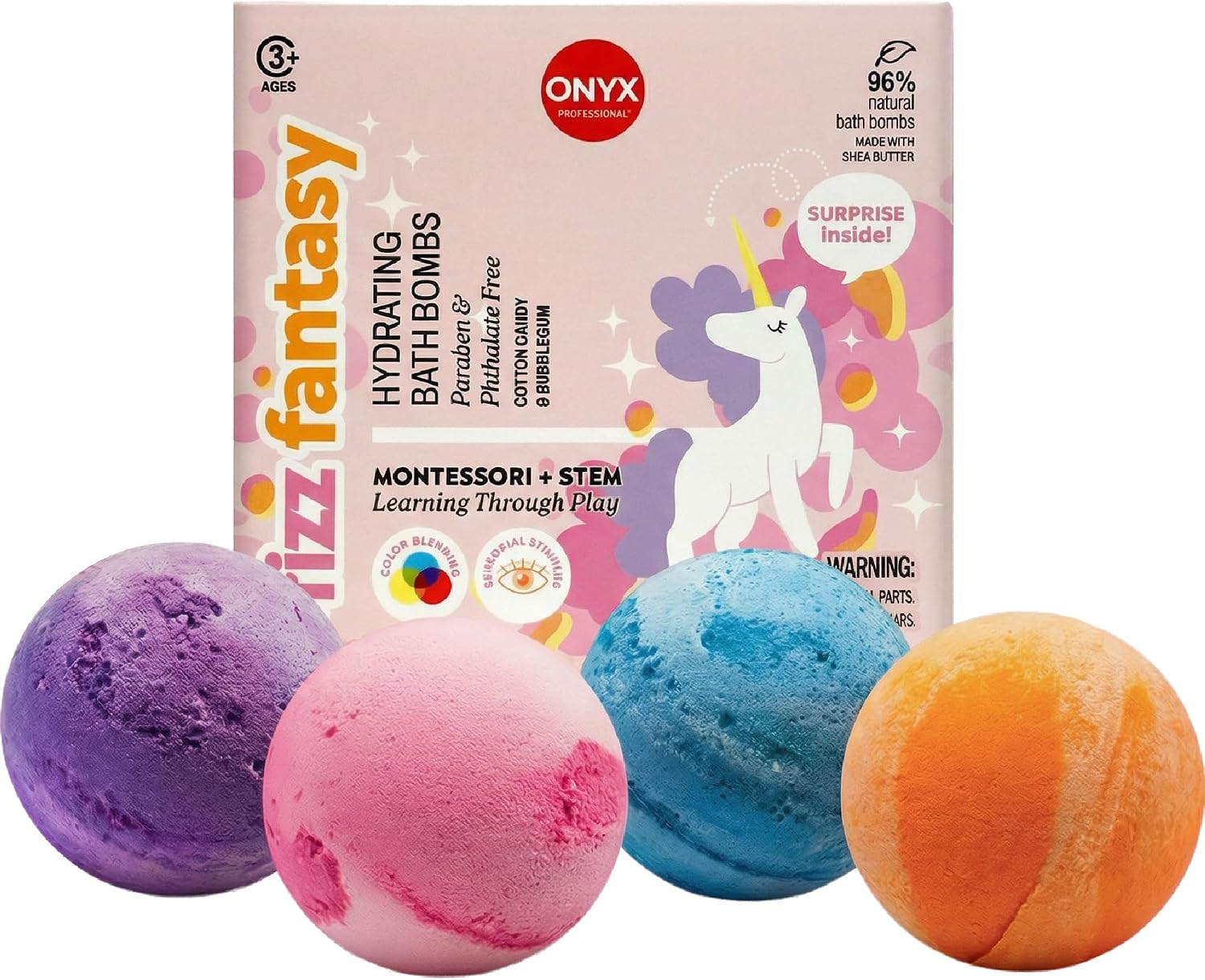 ONYX Professional Fizz Fantasy Unicorn Bath Bombs for Kids, Cotton Candy Scented | Bath Bombs with Surprise Toy or Tattoo | Fun Bath Bomb for Kids and Bath Time Gifts, 4 Count