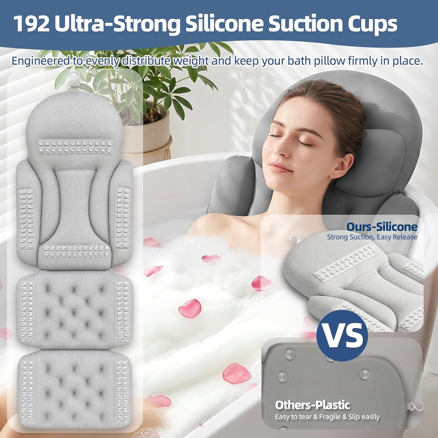 Full Body Bath Pillow for Tub, Ergonomic Head Neck Back Support, 192 Non-Slip Suction Cups, Thick Cushion with Laundry Bag, Fits Most Bathtubs, 56"x16" Grey