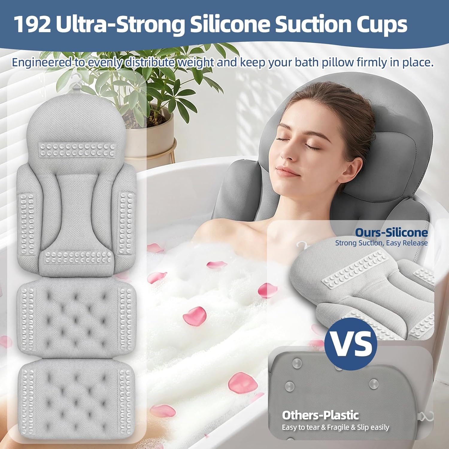 Full Body Bath Pillow for Tub, Ergonomic Head Neck Back Support, 192 Non-Slip Suction Cups, Thick Cushion with Laundry Bag, Fits Most Bathtubs, 56"x16" Grey
