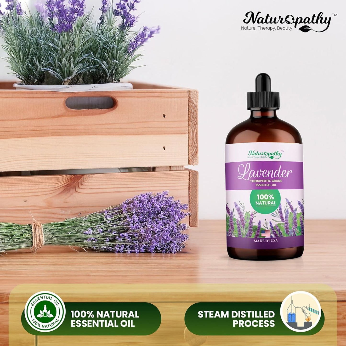 Naturopathy Lavender Essential Oil, 100% Natural Therapeutic Grade, Premium Quality Lavender Oil, 4 fl. Oz - Perfect for Aromatherapy and Relaxation