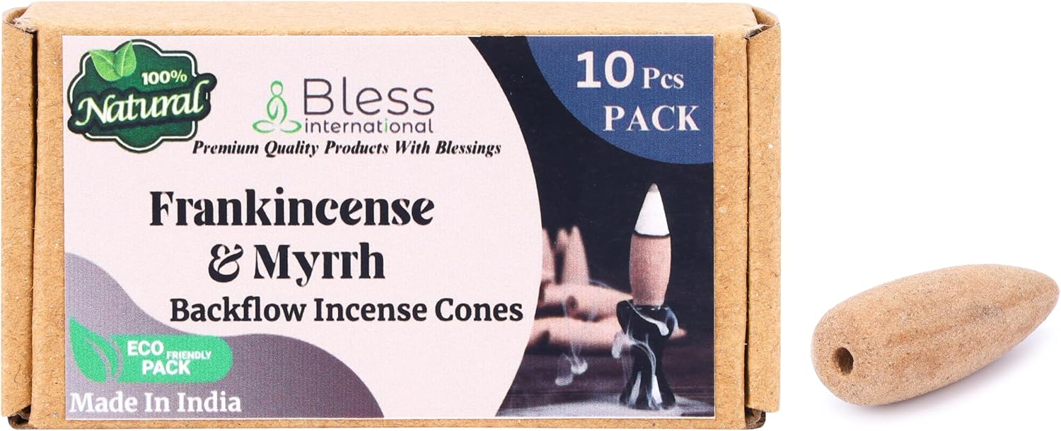 Bless-International Frankincense-and-Myrrh-100%-Natural-Incense-Backflow-Cones-for-Waterfall Handmade-Organic-Chemicals-Free for-Purification-Relaxation-Positivity-Meditation The-Best-scents-10-Count