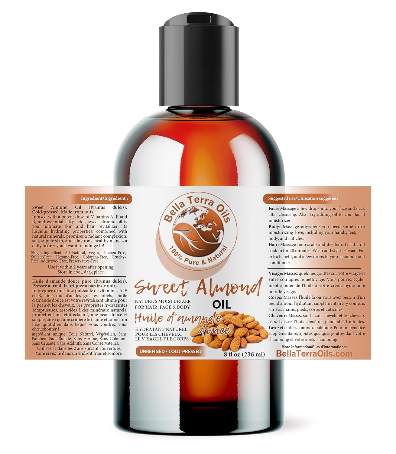Bella Terra Oils - Natural Sweet Almond Oil 8oz - A Deep Dive into Almond's Vitamin A & Linoleic Acid Profile, Superior Cold-Pressed Delight for Skin