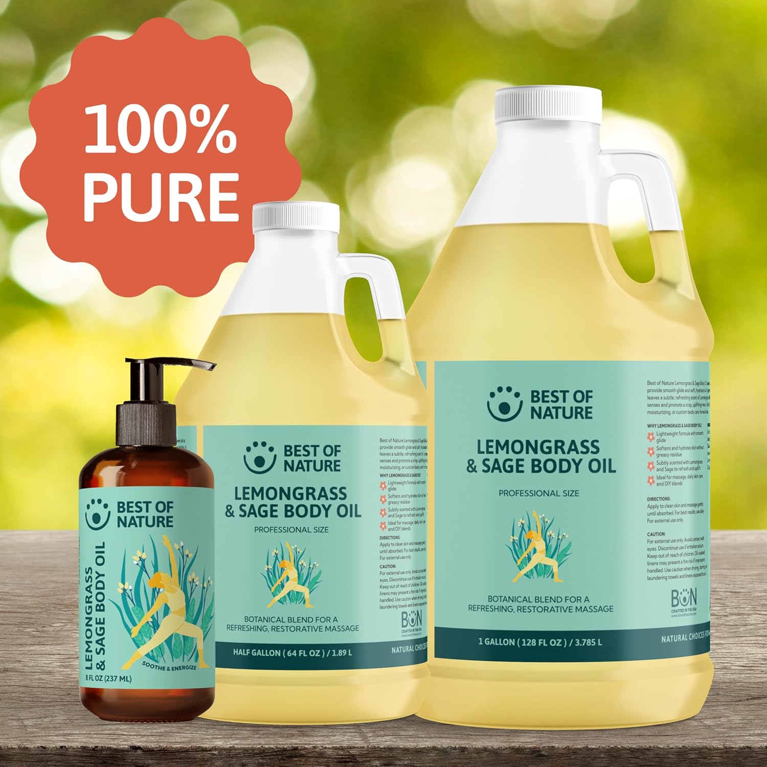 Best of Nature Lemongrass and Sage Massage Oil Blend - Non-Greasy Aromatherapy Massage Oil for Body, Skin & Face, Crafted with Pure Essential Oils, Half Gallon (64 fl oz)