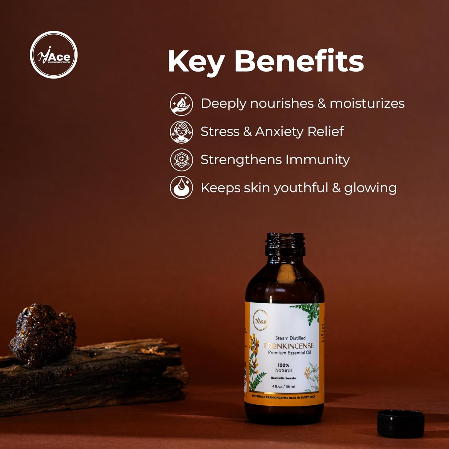 My Ace Frankincense Essential Oil 4oz – 100% Pure & Natural, Premium Grade, Undiluted Boswellia Serrata Oil for Diffuser, Aromatherapy, Skin & Hair Care, Amber Glass Bottle with Dropper