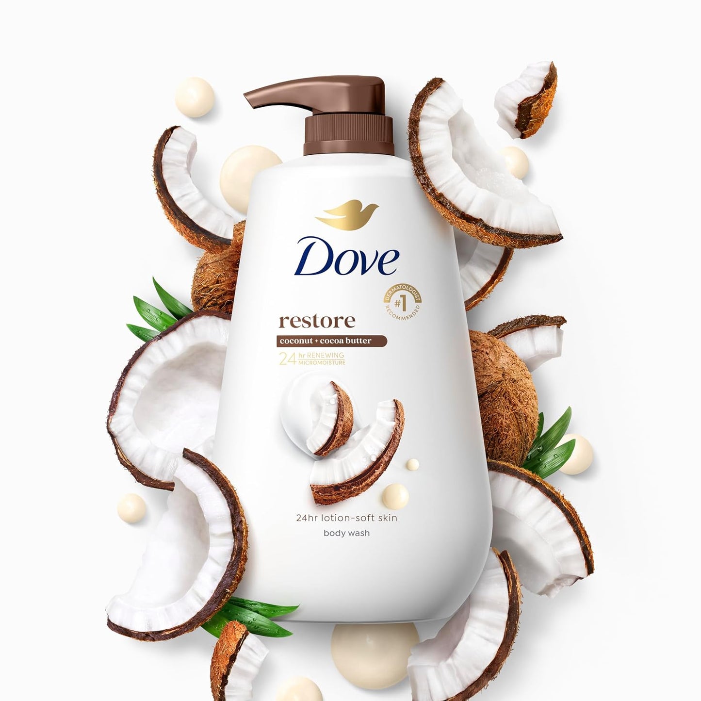 Dove 24hr Lotion Body Wash Restore Coconut & Cocoa Butter, 30.6 oz | Moisturizing body wash with MicroMoisture for 24-hour hydration and soft skin