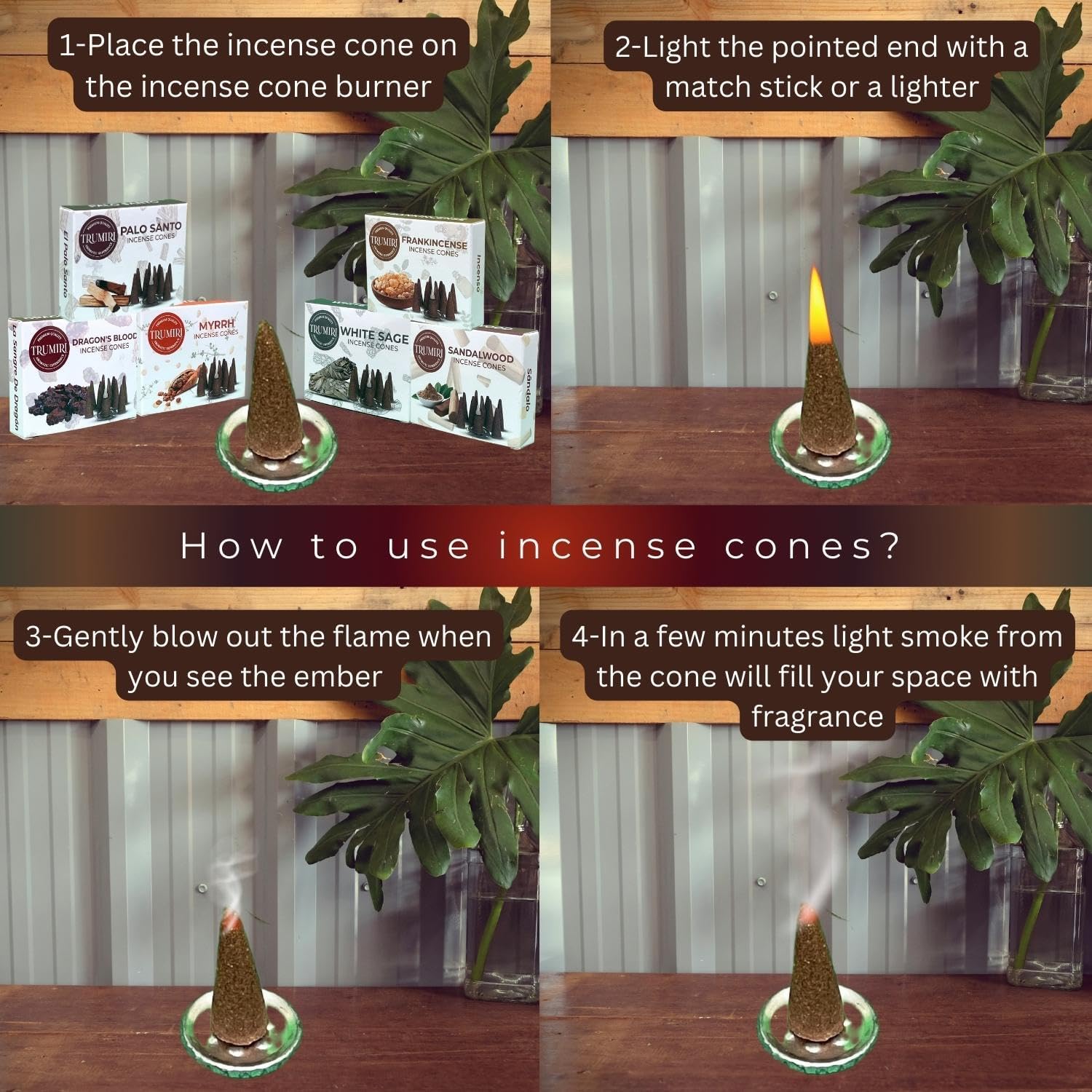 Trumiri Woody Incense Cones - Variety Pack - Total 60 Cone Incense (6 Scents x 10 Conos) - White Sage, Palo Santo, Dragons Blood, Sandalwood - Inscents-Cones Scented - Insense Cones - Incent Cone