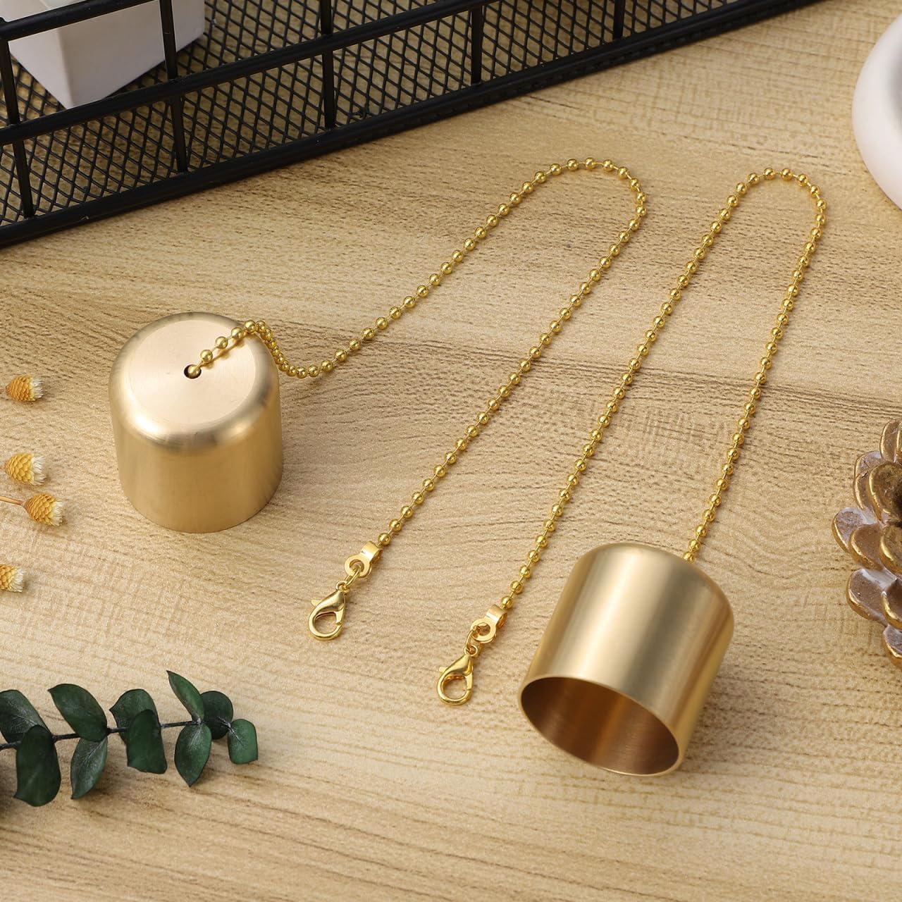 Brass Candle Extinguishers Set of 2 Small Snuffer Caps with Chain for Candle Wick Flame Safety and Scented Use Heat-Resistant Accessory for Home