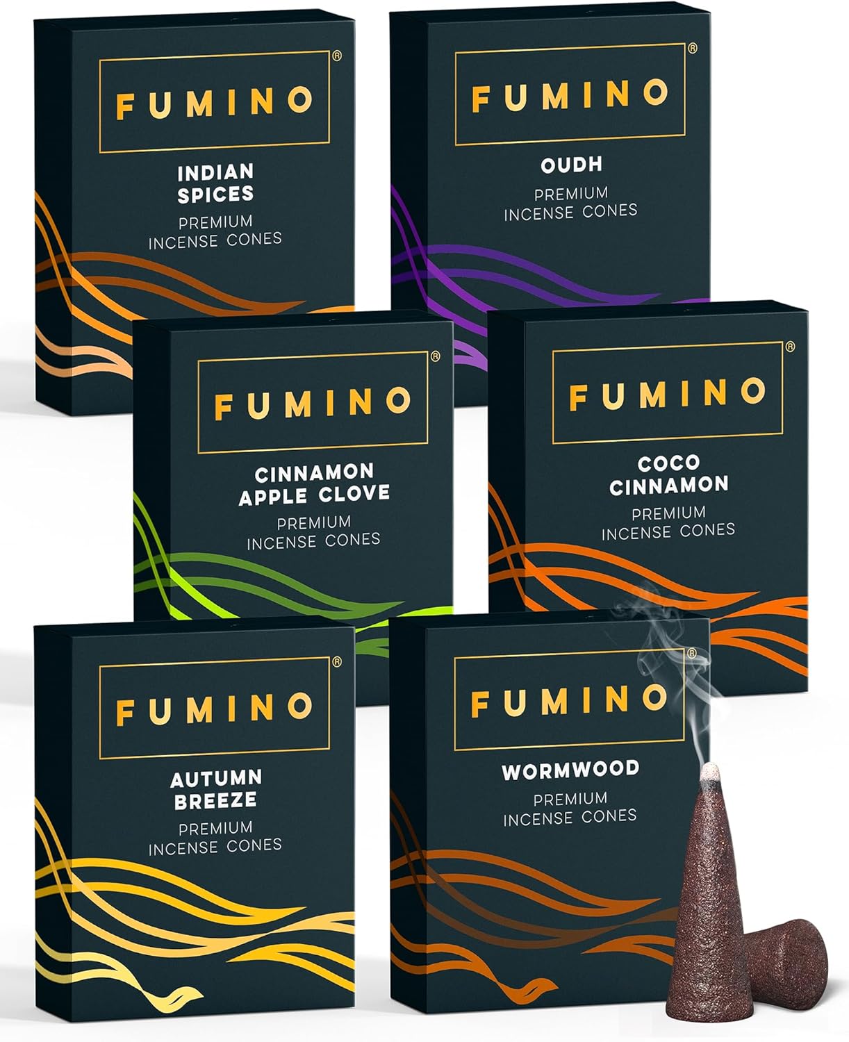Fumino Incense Cones Fireside & Frost 90 Pack 6 Fragrances - Handmade Natural Masala Incense Cones for Meditation & Home Fragrance, Low-Smoke Warm Spiced Scents, Bureau Veritas Certified