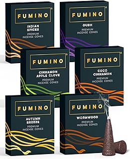 Fumino Incense Cones Fireside & Frost 90 Pack 6 Fragrances - Handmade Natural Masala Incense Cones for Meditation & Home Fragrance, Low-Smoke Warm Spiced Scents, Bureau Veritas Certified