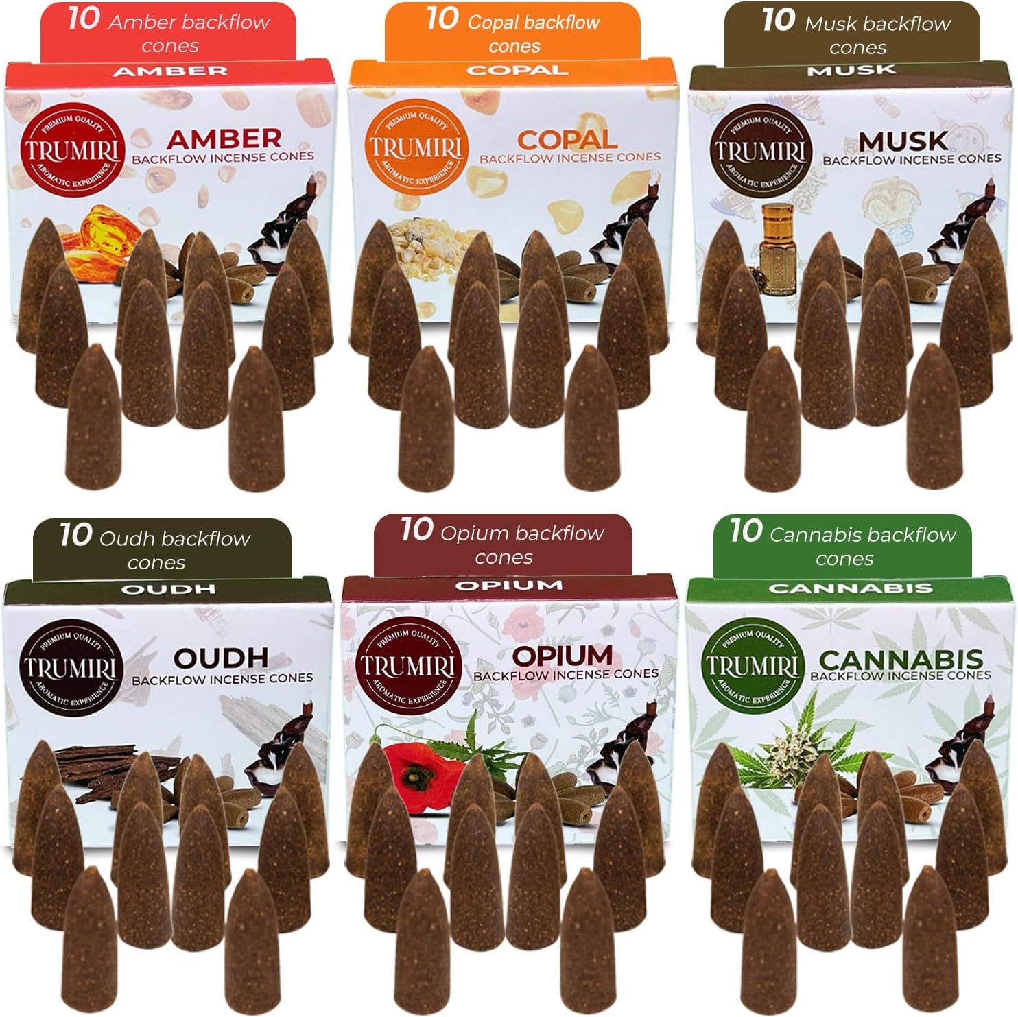 Exotic - Backflow Incense Cones for Waterfall - Scented Inscents-Cones - Copal, Amber, Musk, Oud - Insiensos Aromaticos - 6x10=60 Large Variety Pack