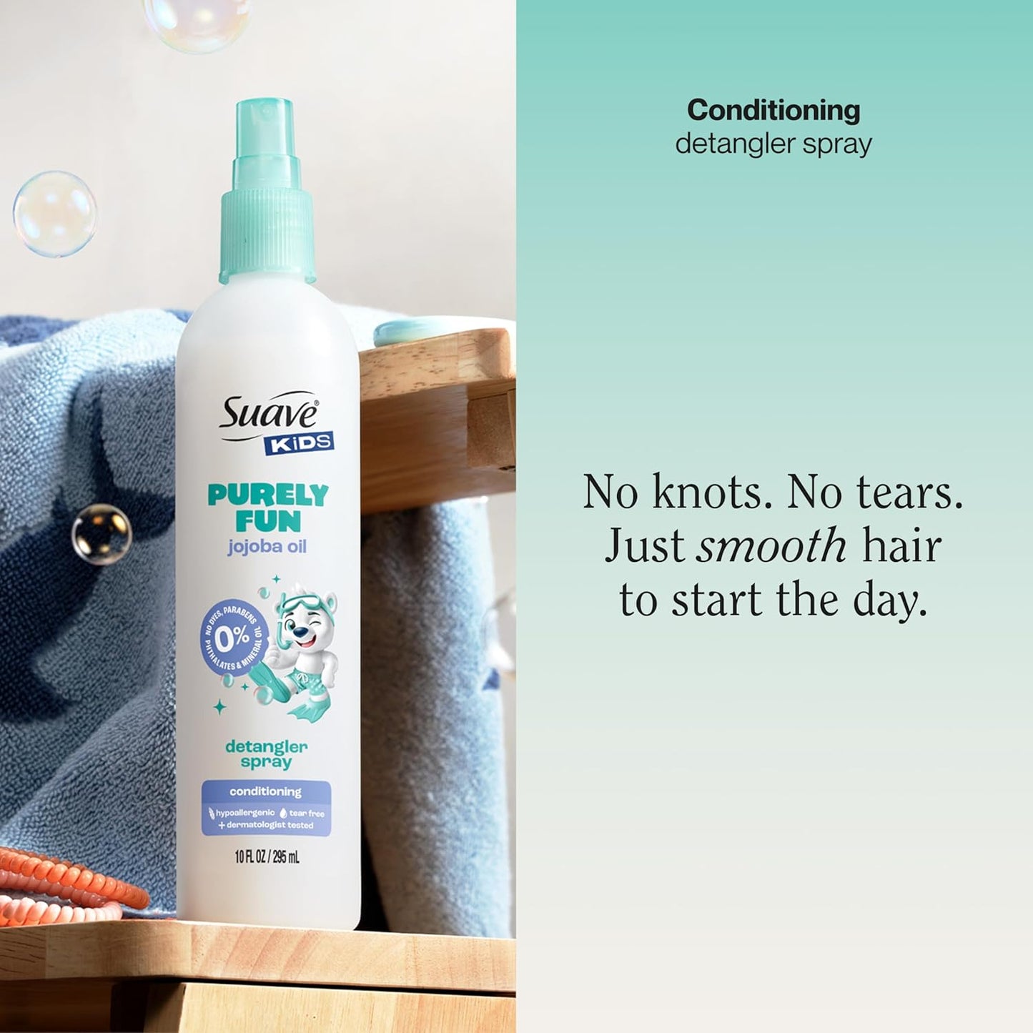 Suave Kids Purely Fun Jojoba Oil Conditioning Detanger Spray, with 100% natural Jojoba Oil, 0% dyes, parabens, phthalates, and mineral oil, Tear Free 10 oz