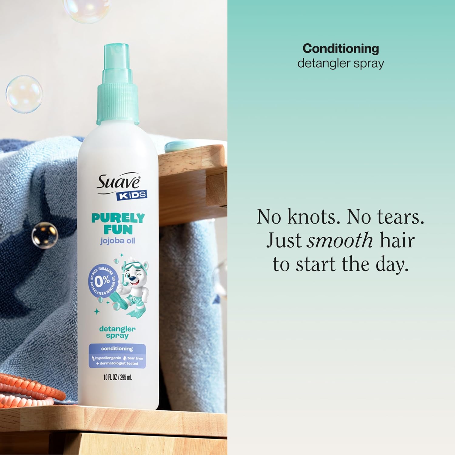 Suave Kids Purely Fun Jojoba Oil Conditioning Detanger Spray, with 100% natural Jojoba Oil, 0% dyes, parabens, phthalates, and mineral oil, Tear Free 10 oz