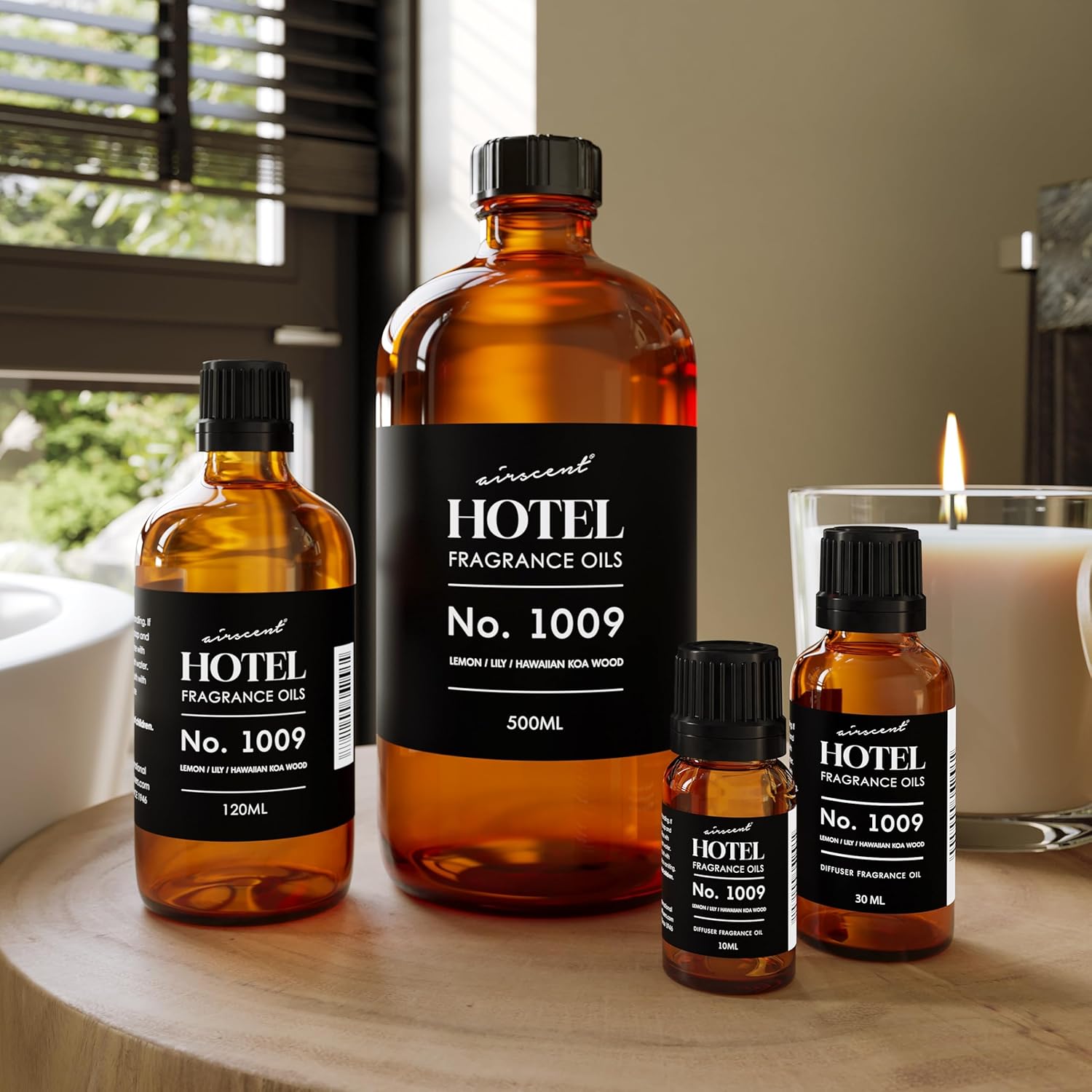 AirScent Hotel Diffuser Oil No. 1009 - Lemon Lily Hawaiian Koa Wood - Hotel Scent Dupe - Premium Fragrance Oil for Ultrasonic and Waterless Diffusers and Crafting - 500 mL, 16.9 fl oz Glass Bottle
