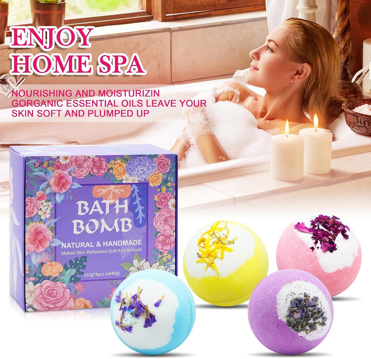 Bath Bombs for Women Relaxing-4 Natural and Organic Bath Bombs with Essential Oils & Moisturizing Shea Butter,Gifts for Her, Girls, Wife, Birthday and Christmas