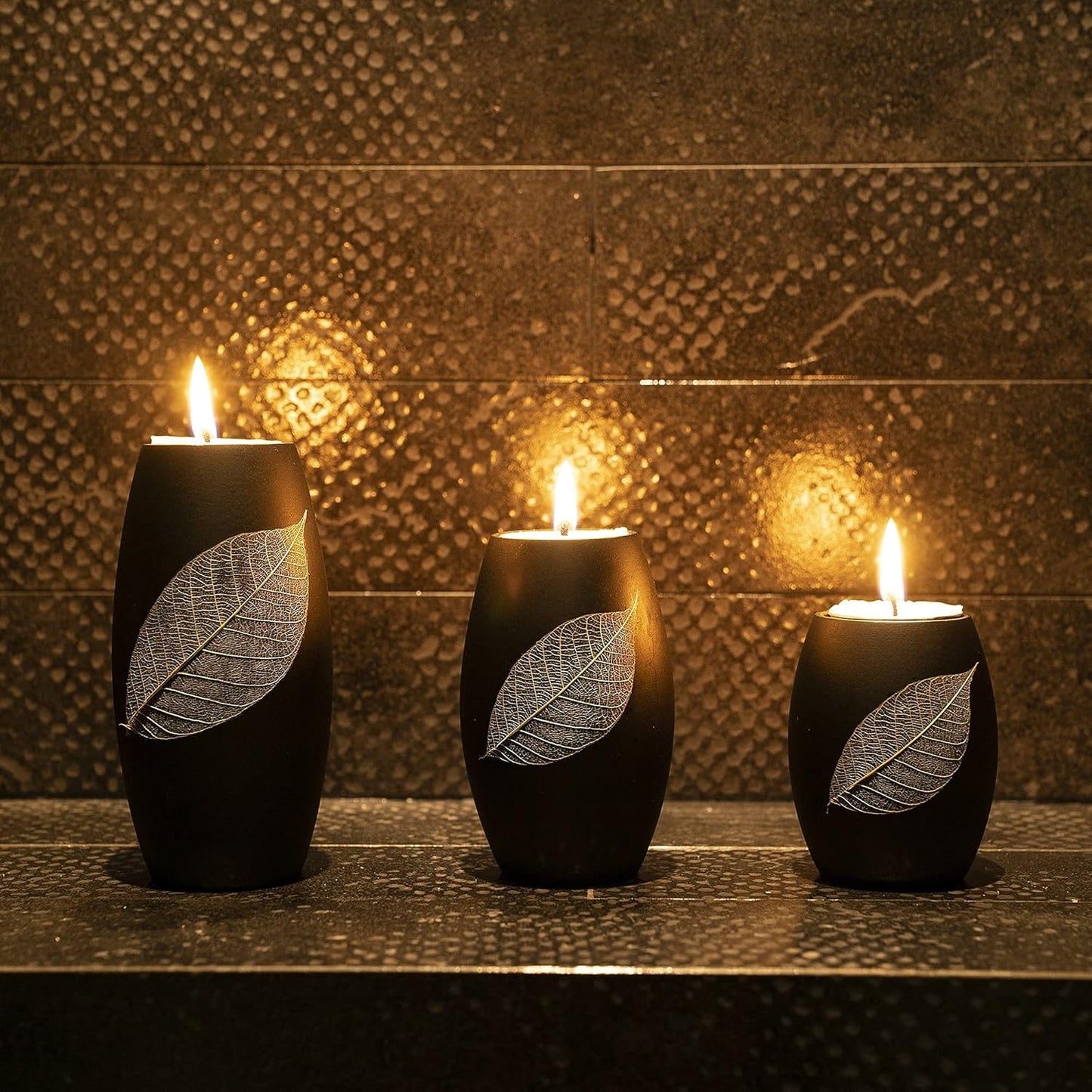 IYARA CRAFT Candle Holder Set with Tray – 3 Handmade Wood Tealight Holders, Black Leaf Design, Winter Home Décor, Spa-Inspired Holiday Centerpiece & Elegant for Women, Mom, Housewarming