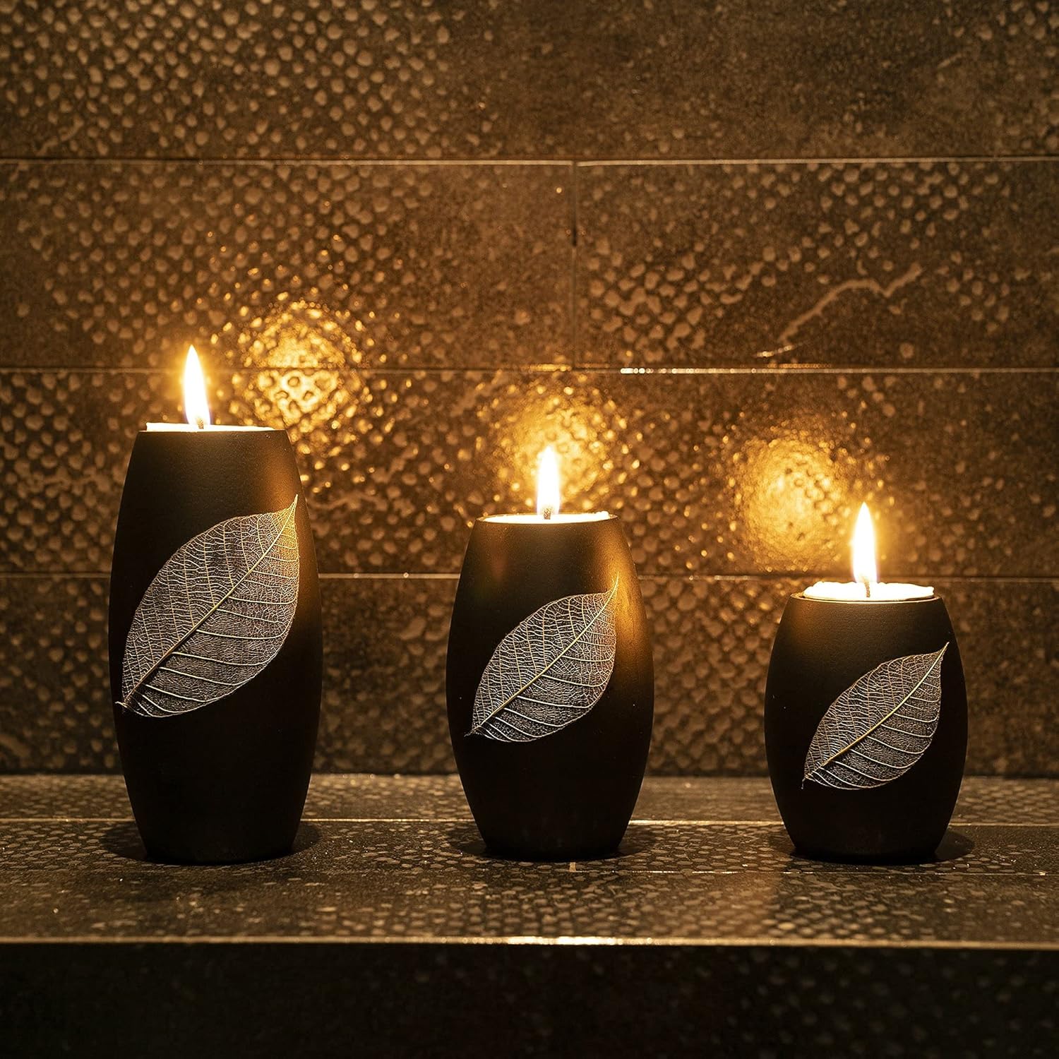 IYARA CRAFT Candle Holder Set with Tray – 3 Handmade Wood Tealight Holders, Black Leaf Design, Winter Home Décor, Spa-Inspired Holiday Centerpiece & Elegant for Women, Mom, Housewarming