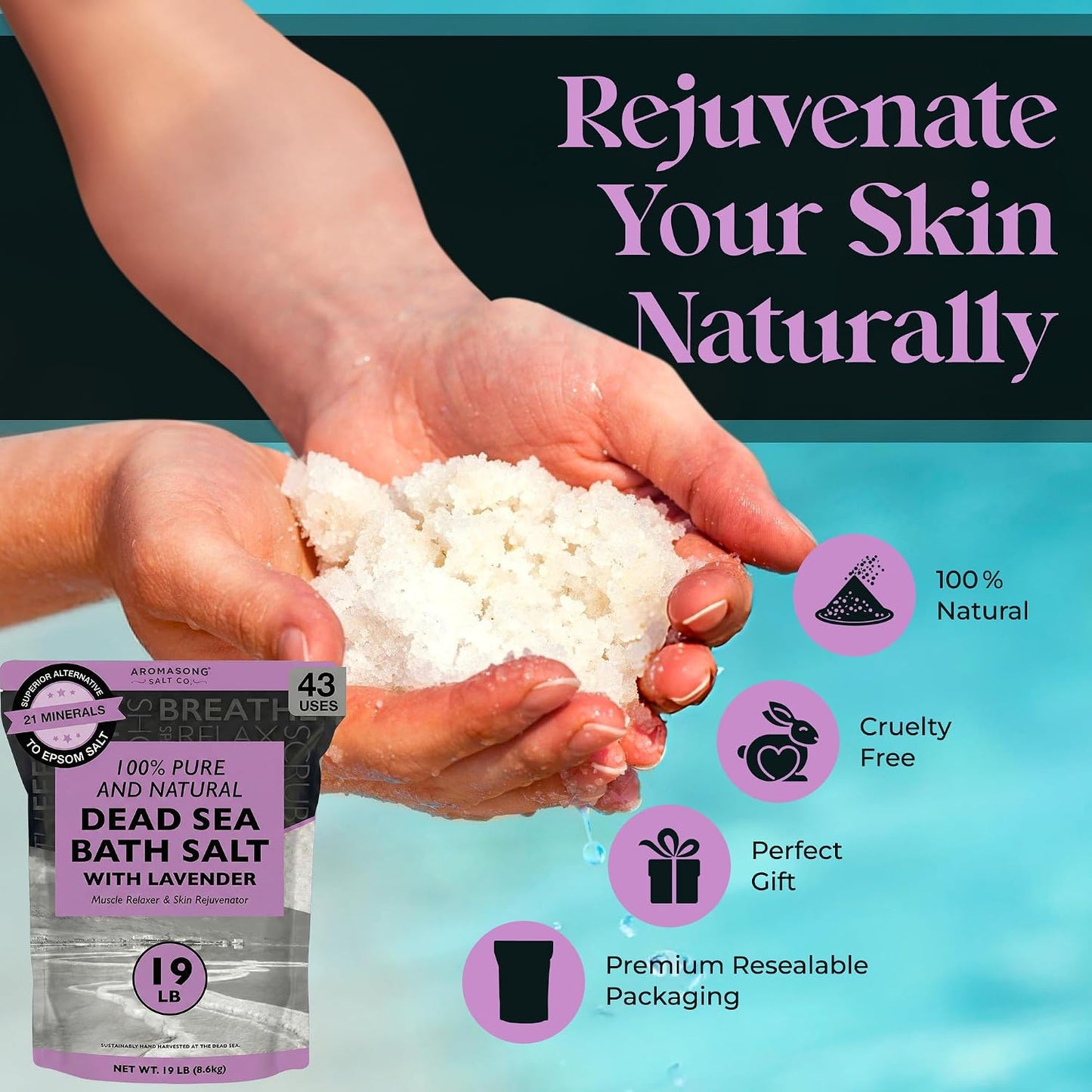 Aromasong Pure Dead Sea Salt for Soaking with 100% Natural Lavender, 19 LB - Spa Bath Salt Fine Grain - Body Wash Scrub - Soak for Women & Men- Bulk Resealable Pack