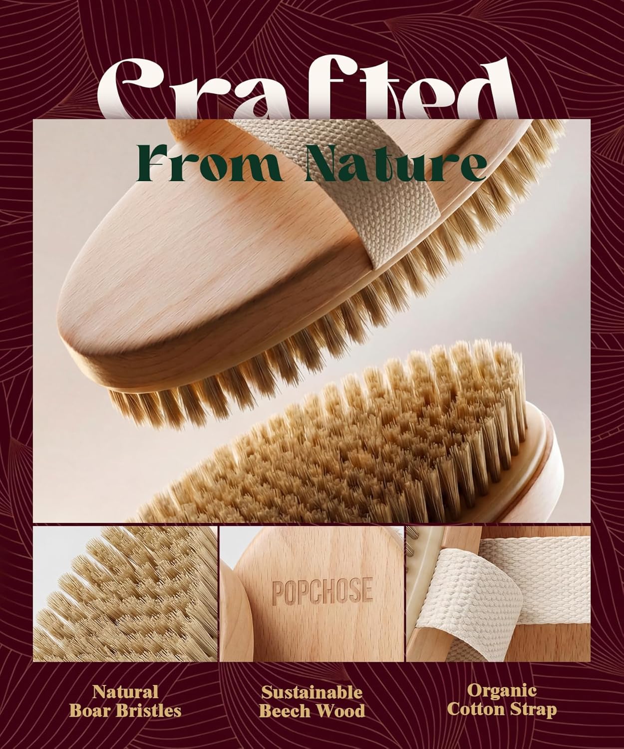 POPCHOSE Dry Brushing Body Brush, Natural Bristle Dry Skin Exfoliating Brush Body Scrub for Flawless Skin, Cellulite Reduction, Lymphatic Drainage and Blood Circulation Improvement