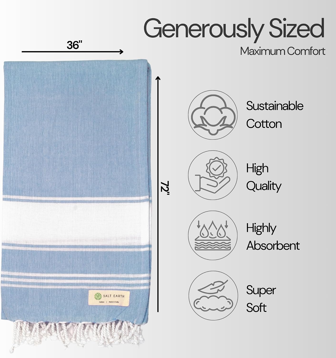 Salt Earth Cotton Turkish Beach Towel (Set of 2, 36"x72") - Soft, Quick Dry, Sand Resistant, Absorbent Towels for Bathroom, Home, Travel, Pool, Spa, Bath, Swim - Beach Towels Oversized (Sky Blue)