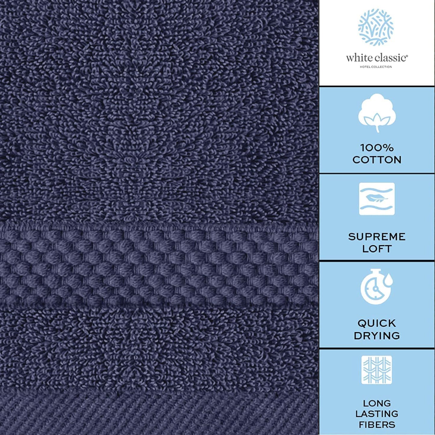 White Classic Luxury Cotton Washcloths 13x13 Inch - 650 GSM Turkish Cotton | Hotel, Spa, Bathroom Face Towel | 12 Pack, Navy Blue