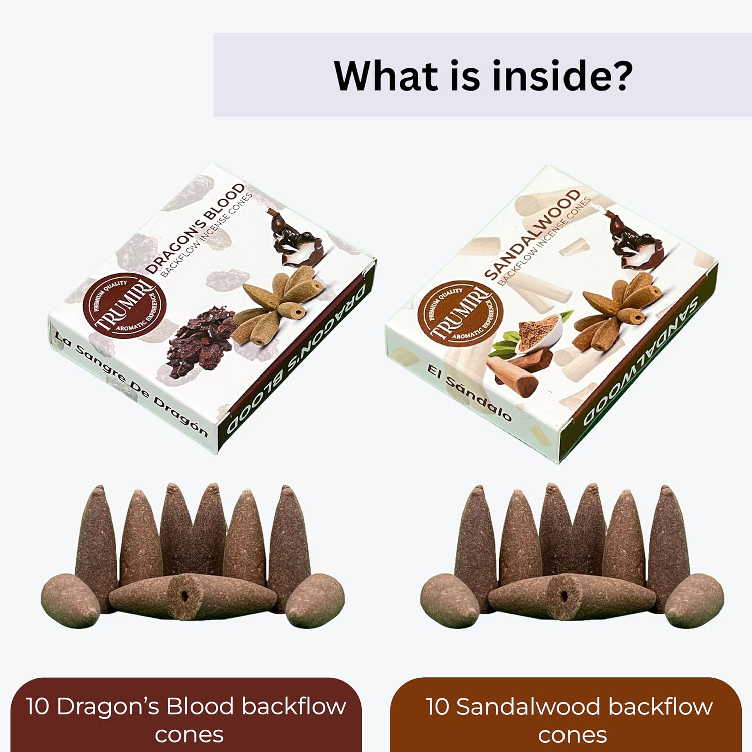 TRUMIRI Backflow Incense Cones - Combo Pack of 20 Waterfall Cones (10 Dragons Blood + 10 Sandalwood)