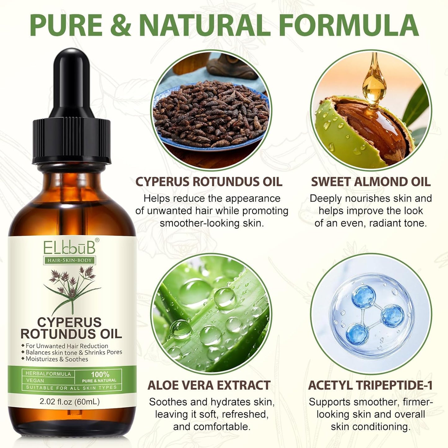 ELBBUB Cyperus Rotundus Oil - Natural Hair Minimizer & Post Shave Soothing Care - Enriched with Sweet Almond & Aloe - Gentle Moisturizing Body Oil for All Skin Types