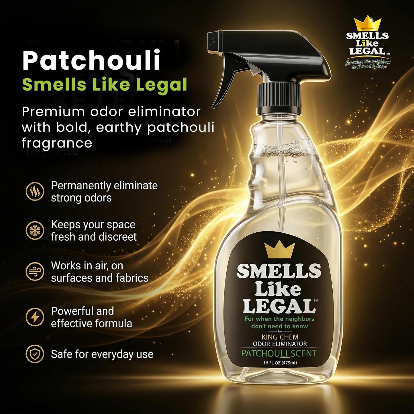 Smells Like Legal™ Patchouli Odor Eliminator Spray – Powerful Commercial-Grade – Eliminates Smoke, Pet & Food Odors at source – Fabric-Safe, Non-Staining – Biodegradable Air & Fabric Freshener – 16 oz