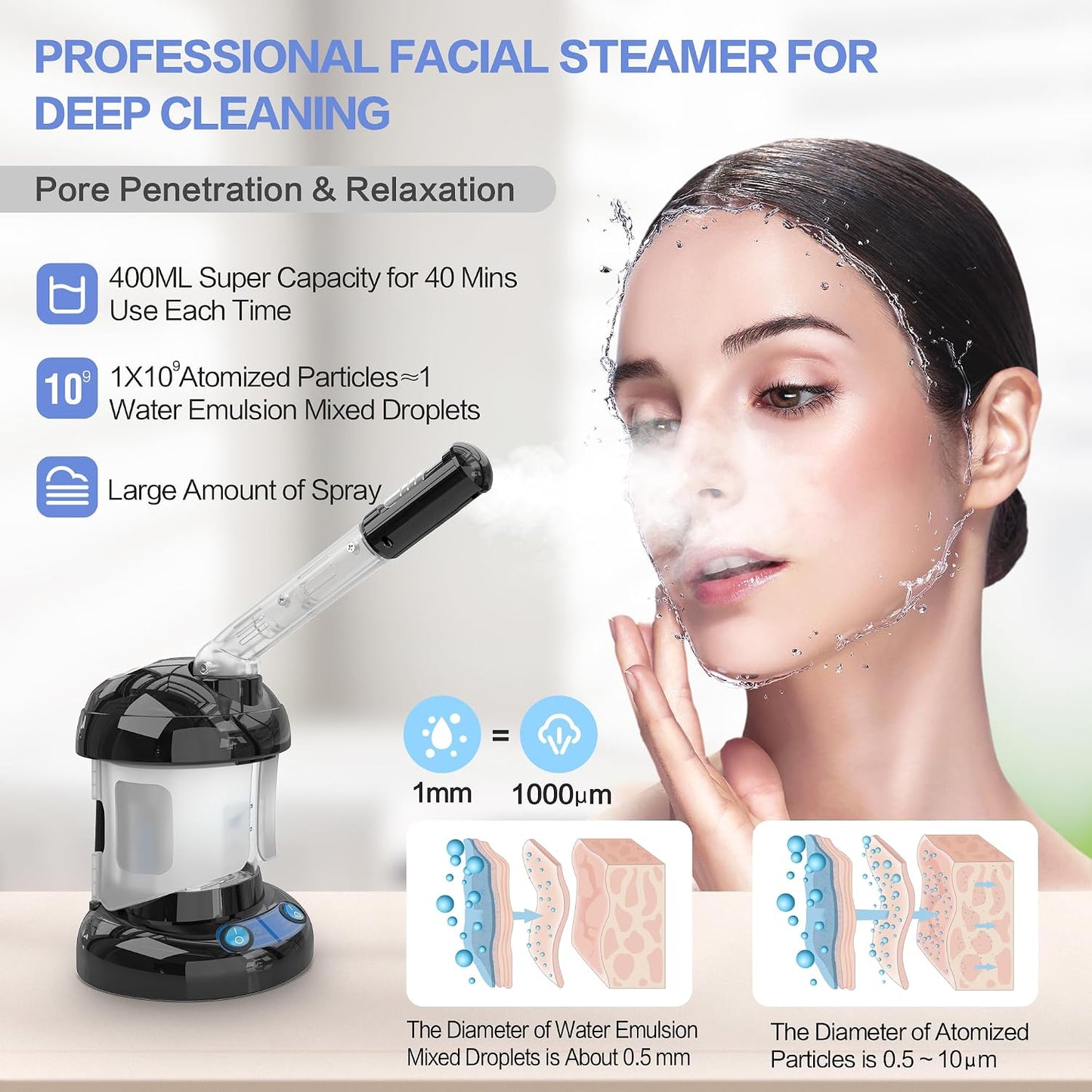 Facial Steamer - Ozone Steamer with Extendable Arm - Professional Nano Ionic Facial Steamer for Deep Cleaning - Portable for Personal Care Use at Home or Salon