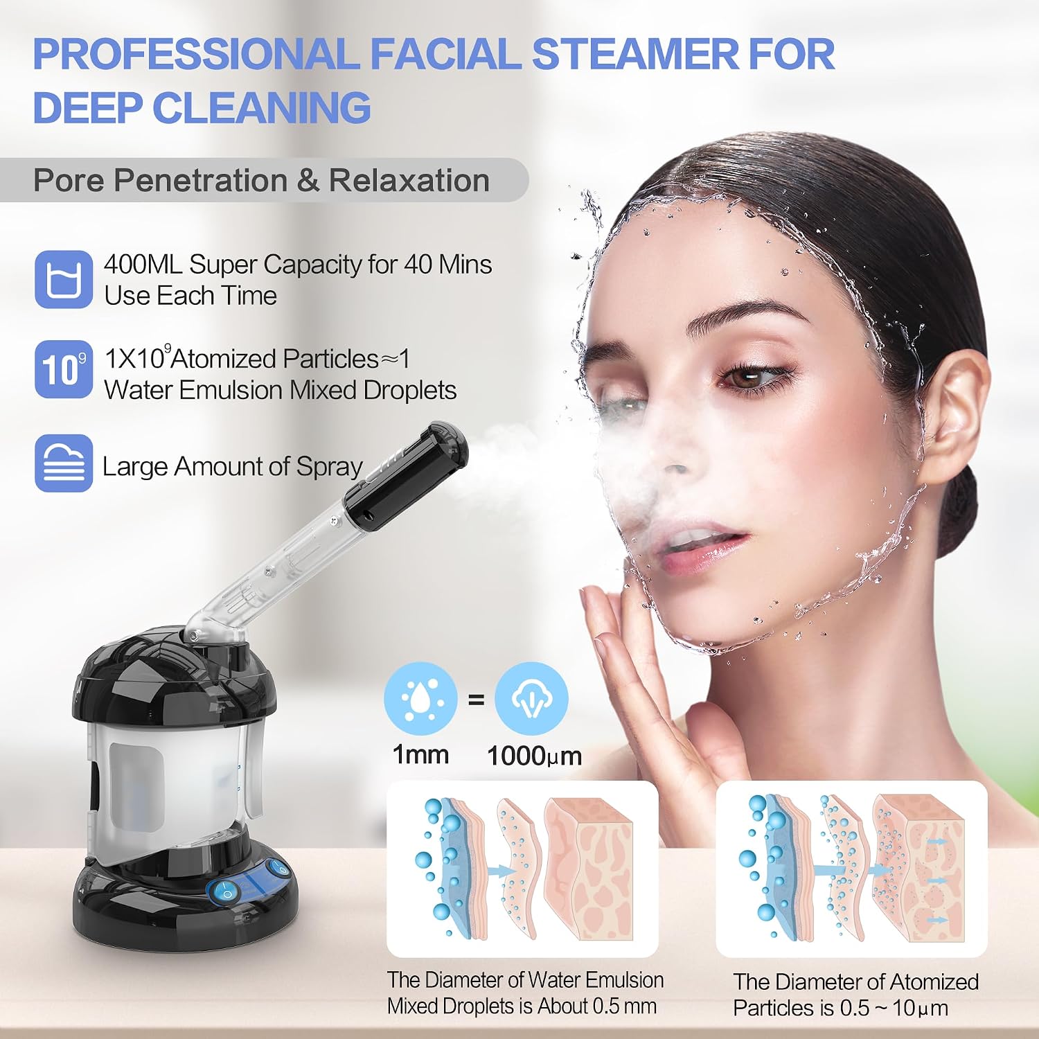 Facial Steamer - Ozone Steamer with Extendable Arm - Professional Nano Ionic Facial Steamer for Deep Cleaning - Portable for Personal Care Use at Home or Salon