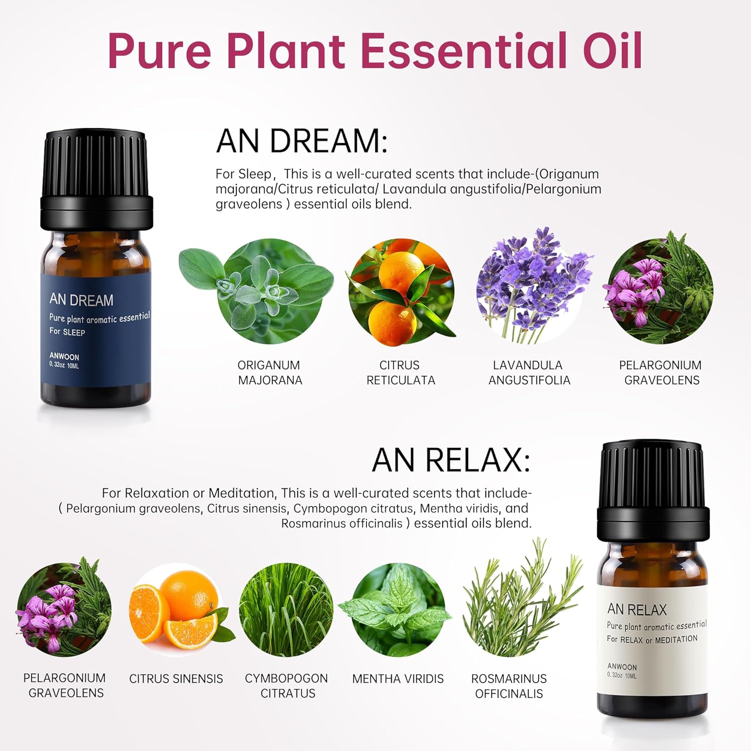 Natural Plant Essential Oil Blends for Diffuser,Aromatherapy with 2 Bottles 20ml(0.68Oz) of an-Dream and an-Relax Set for Sleeping and Relaxation at Home,Office,for All Ultrasonic Diffuser Scent.